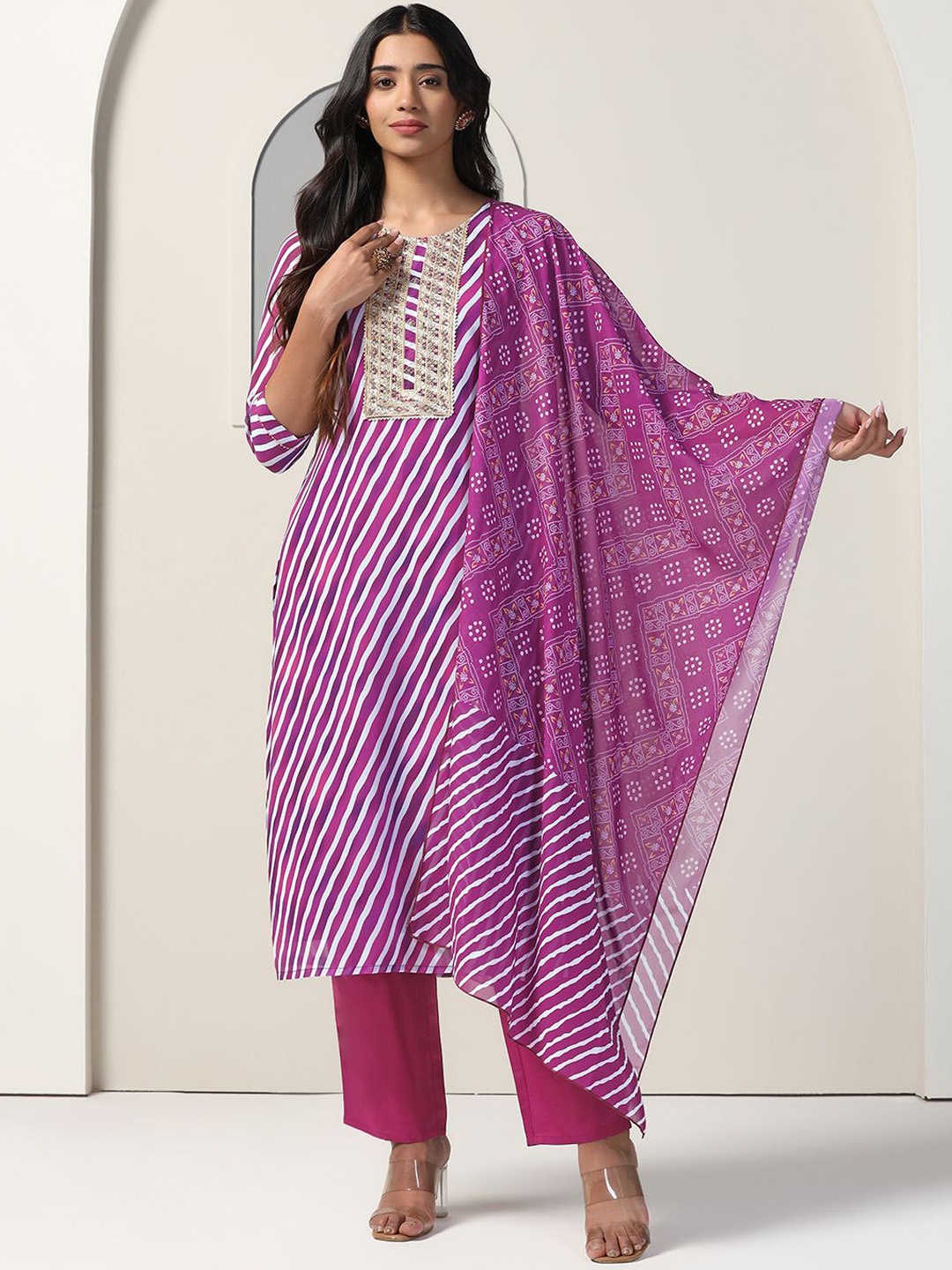 

BAESD Leheriya Printed Sequinned Georgette Straight Kurta With Trousers & Dupatta, Purple