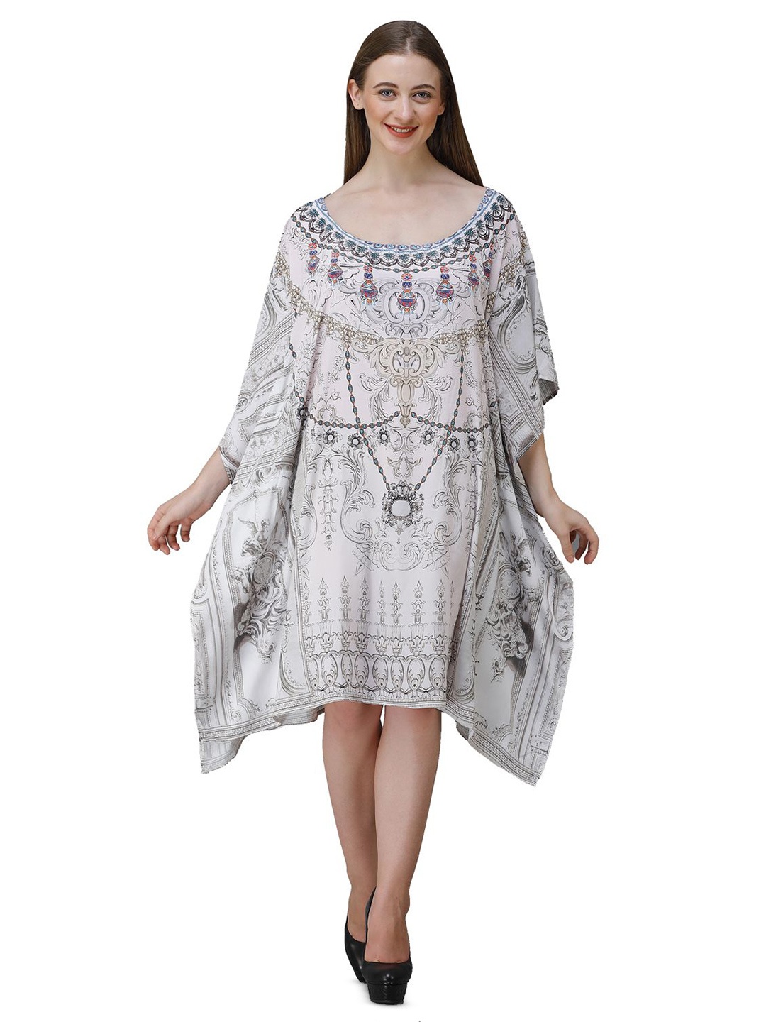 

ravi rajoria Print Kimono Sleeve Crepe Kaftan Maxi Dress, Off white