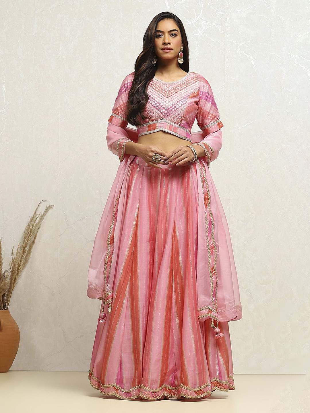 

Biba Woven Design Sequinned Semi-Stitched Lehenga & Blouse With Dupatta, Pink