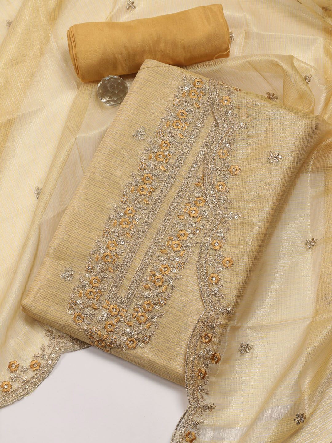 

Meena Bazaar Floral Sequinned Embroidered Art Silk Unstitched Dress Material, Yellow