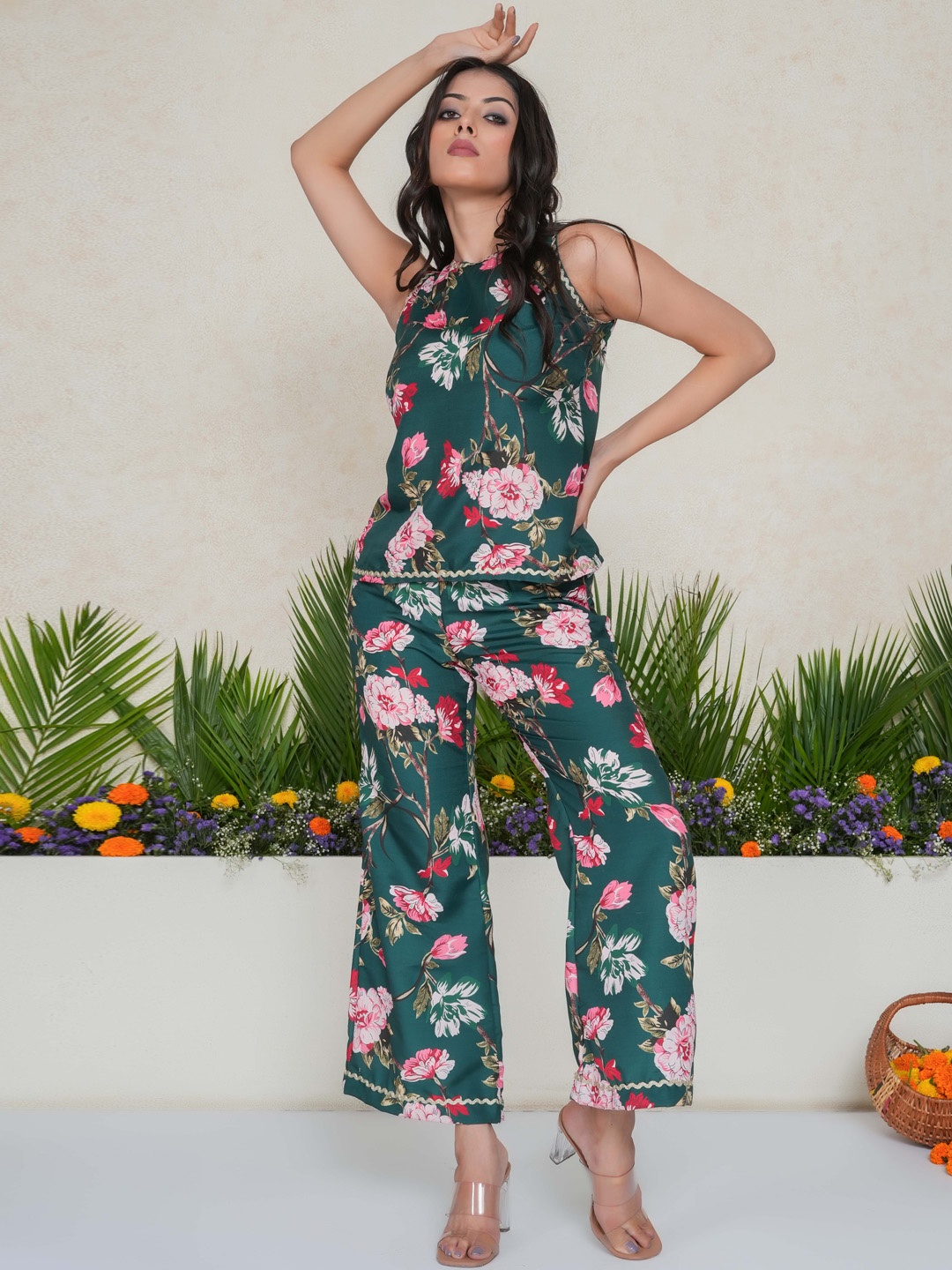 

Salvia Sky Floral Printed Top With Trouser, Green