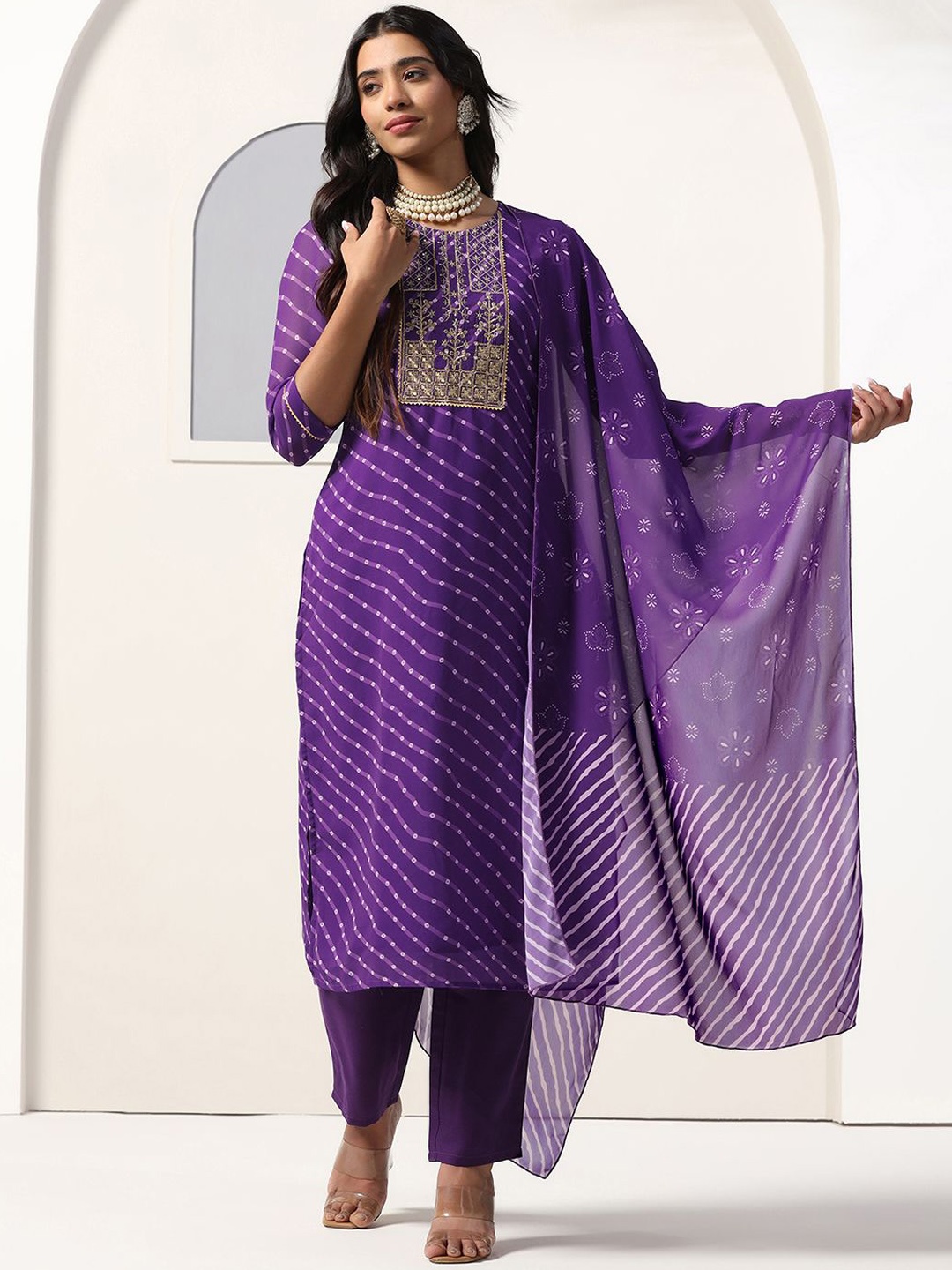 

BAESD Leheriya Printed Sequinned Georgette Straight Kurta With Trouser & Dupatta, Violet