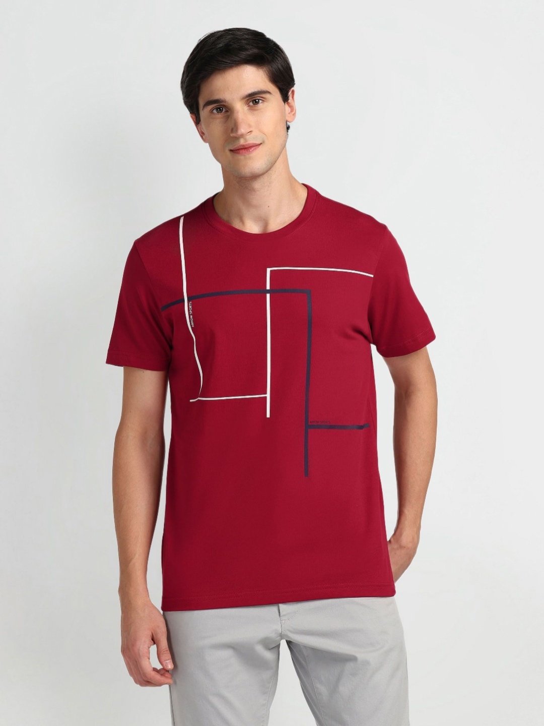 

Arrow Sport Men Abstract Printed Round Neck Cotton T-Shirt, Red