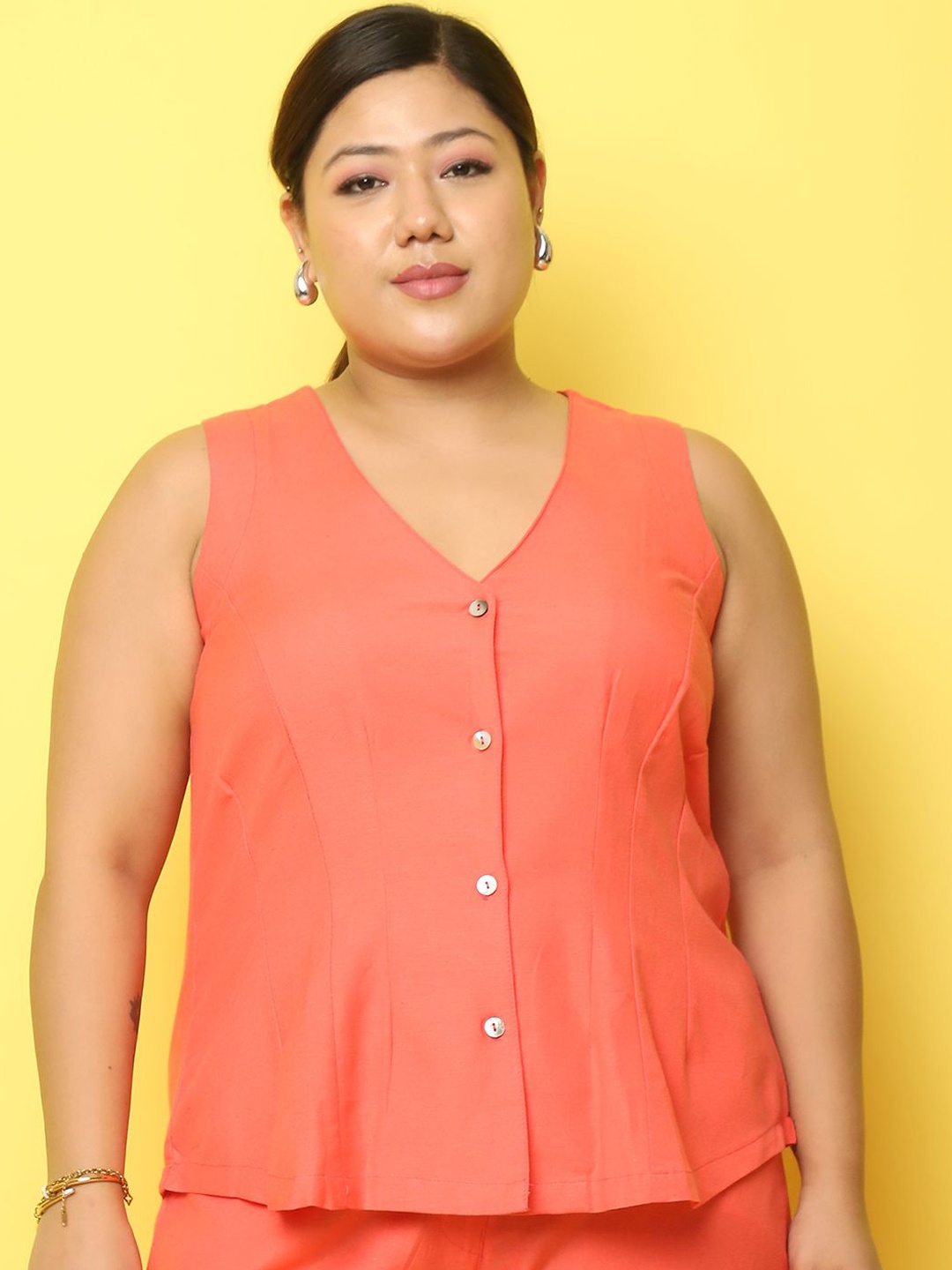 

theRebelinme Plus Size V-Neck Slim-Fit Pure Linen Waistcoat, Coral