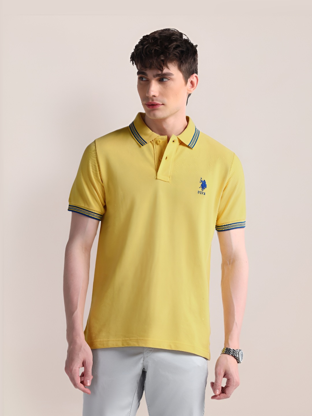 

U.S. Polo Assn. Men Solid Polo Collar Cotton Slim Fit T-Shirt, Yellow