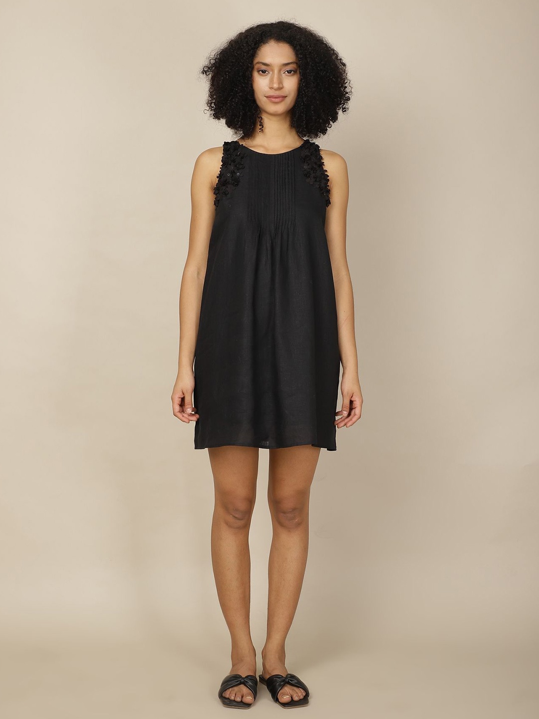

A Little Fable Round Neck Linen A-Line Mini Dress, Black