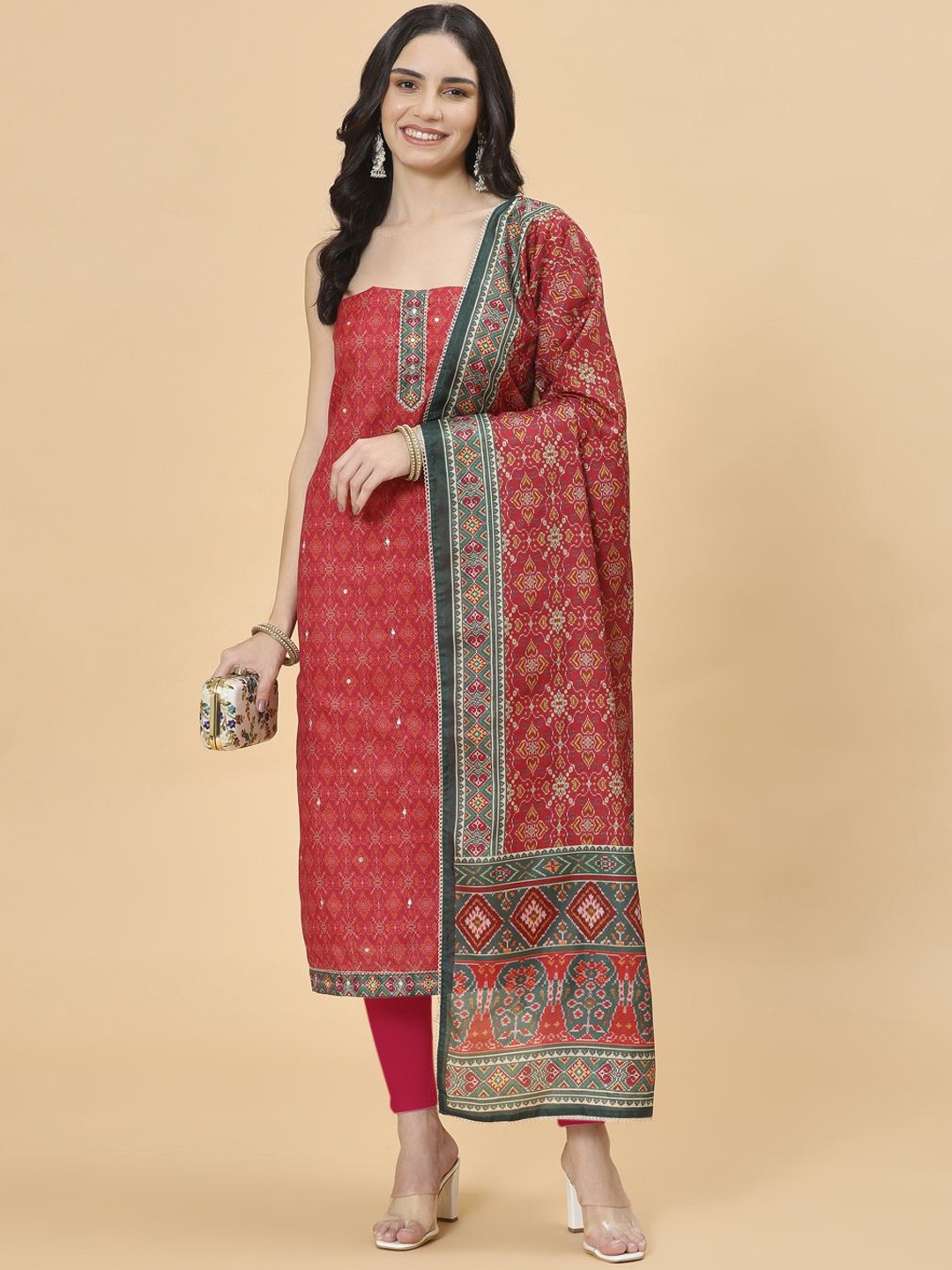

Meena Bazaar Ethnic Motifs Printed Unstitched Dress Material, Red