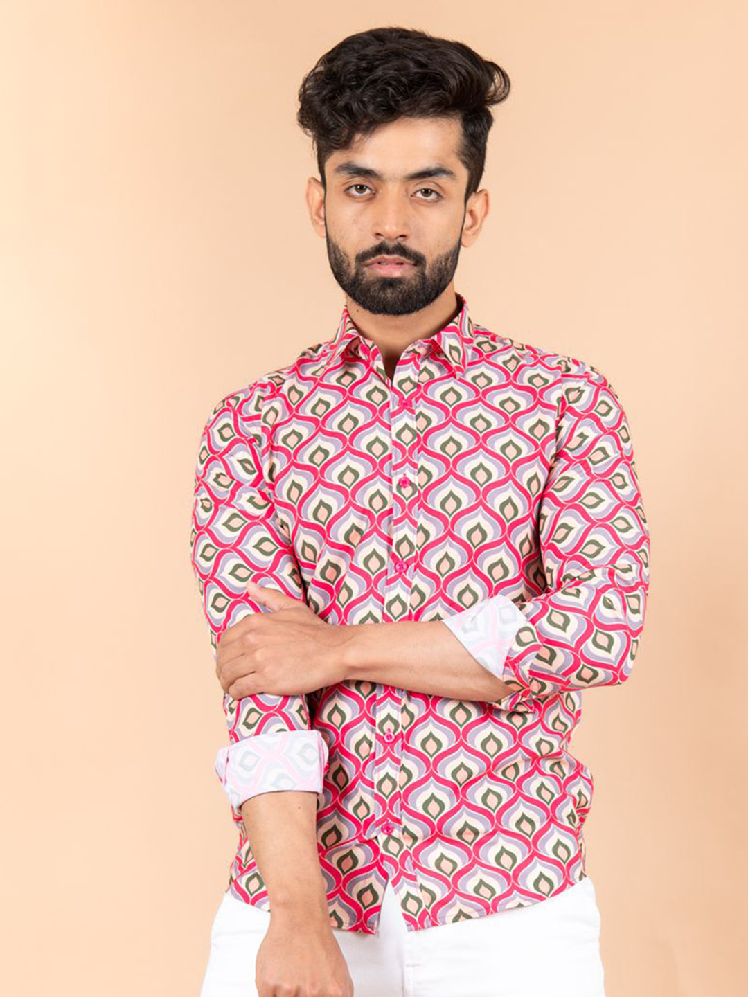 

Tistabene Men Standard Spread Collar Conversational Printed Crepe Casual Shirt, Pink