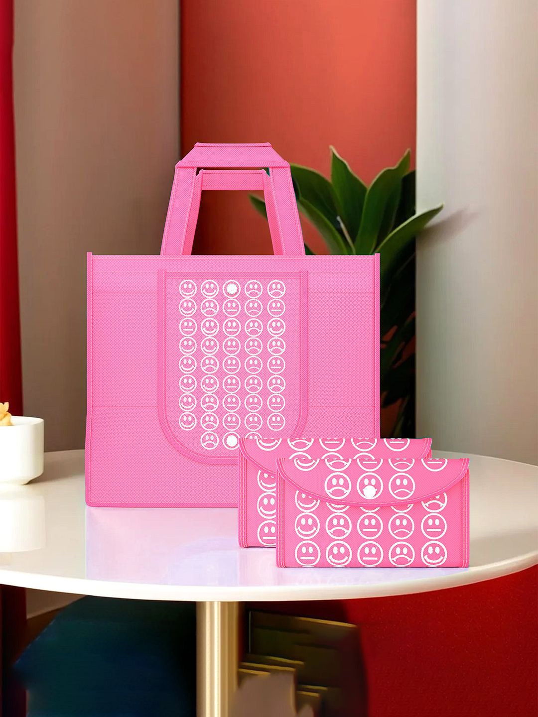 

Kuber Industries Set of 3 Smiley Printed Lightweight Foldable & Reusable Shopping Bags, Pink