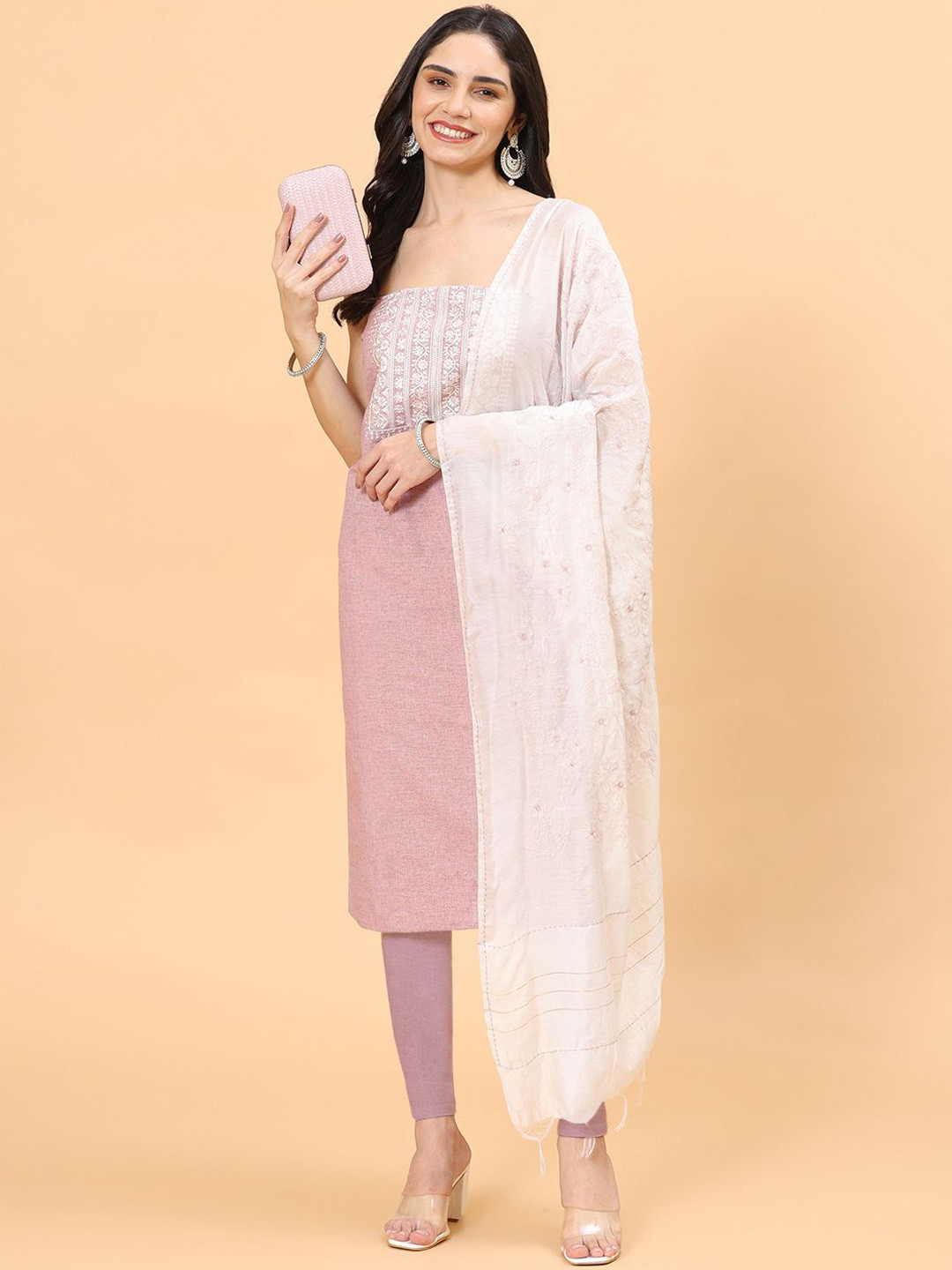 

Meena Bazaar Floral Embroidered Unstitched Dress Material, Pink