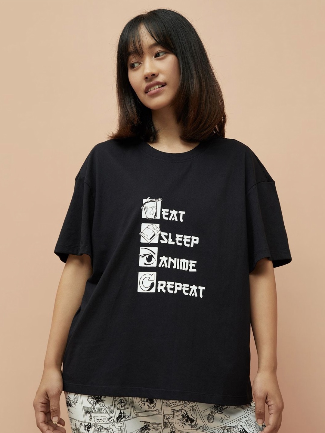 

Ginger by Lifestyle Women Typography Printed Round Neck Cotton Oversized T-Shirt, Black