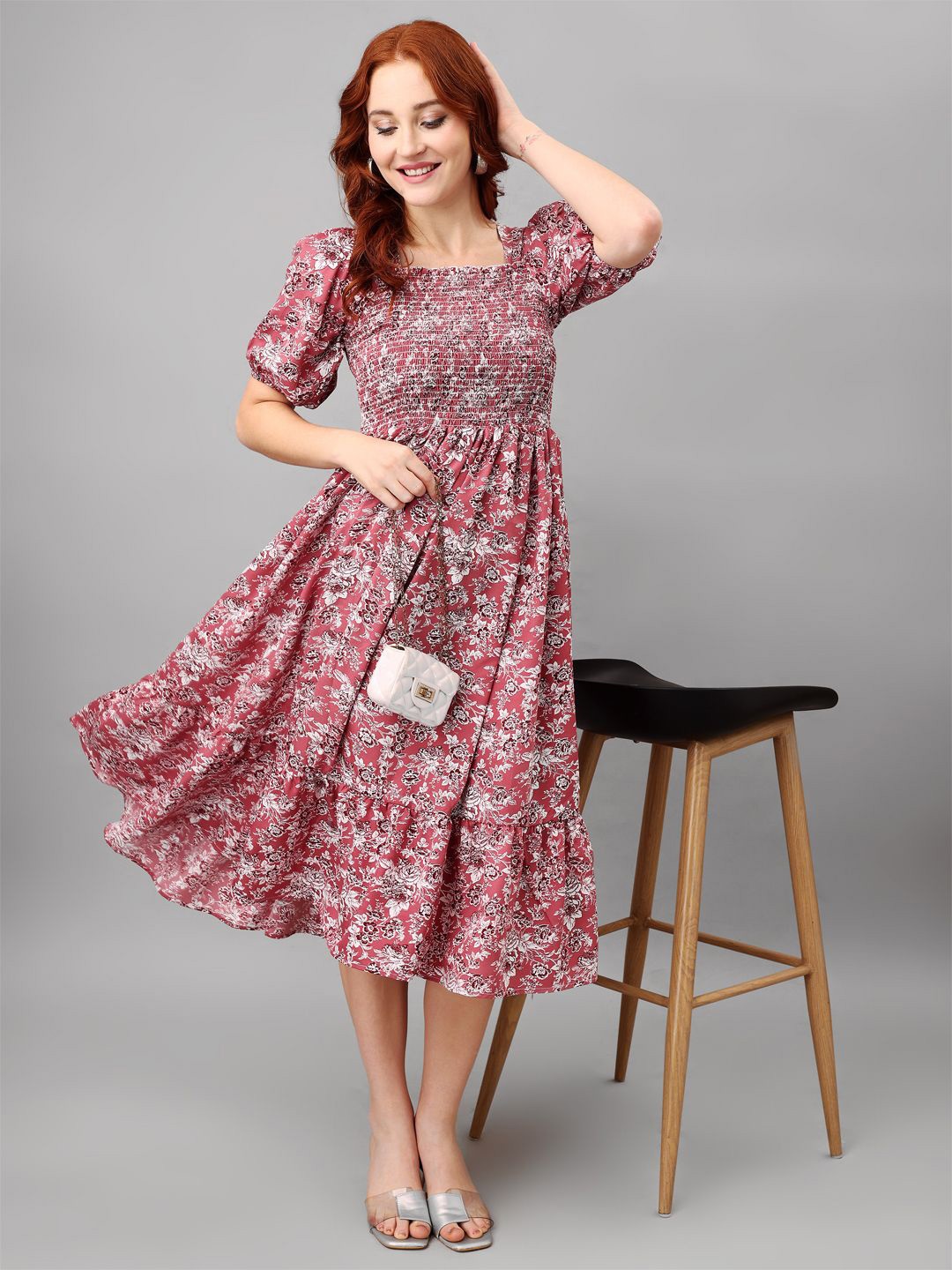 

Femvy Puff Sleeve Smocked Floral Midi Dress, Pink