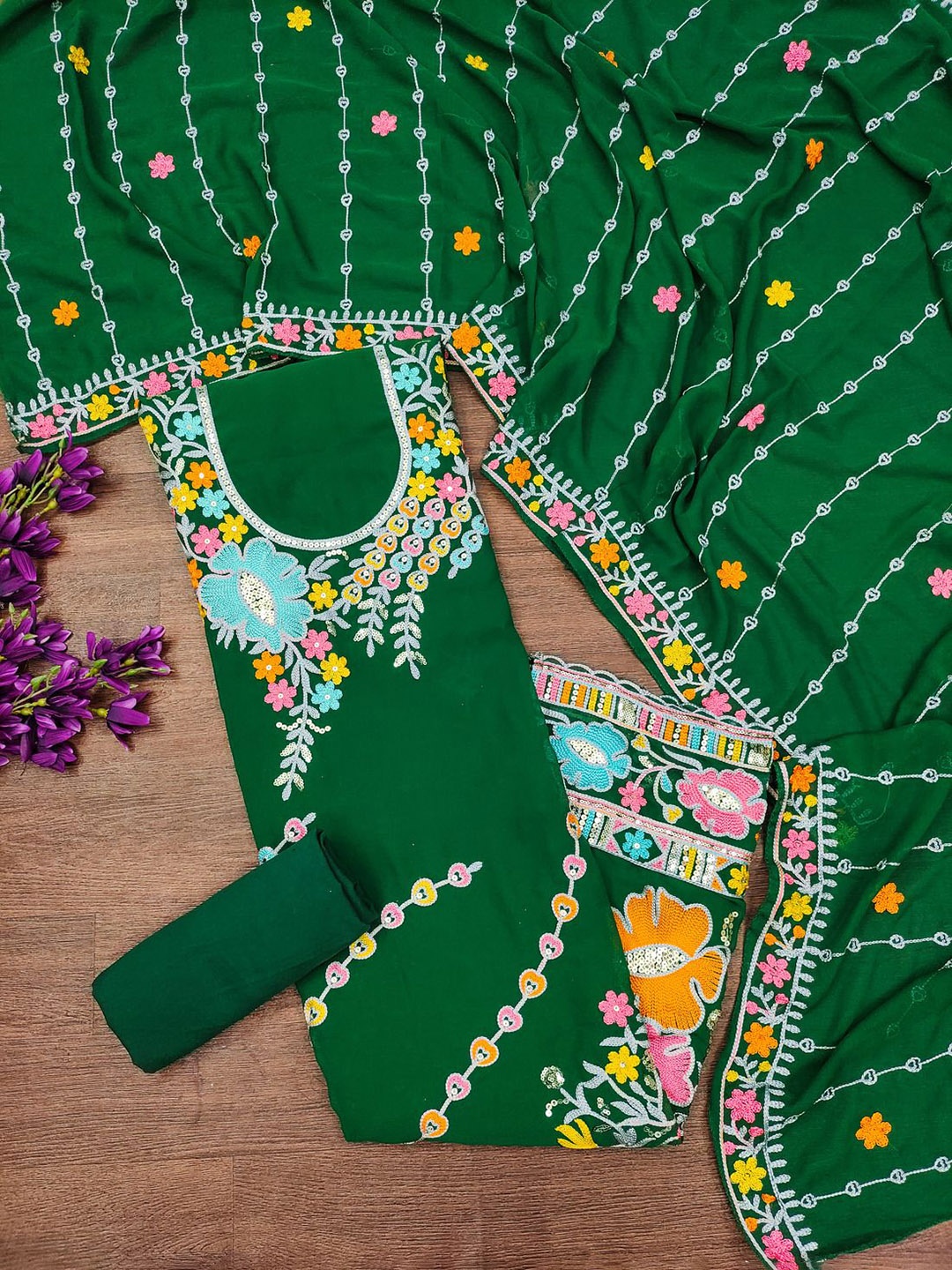

APNISHA Floral Embroidered Silk Georgette Unstitched Dress Material, Green