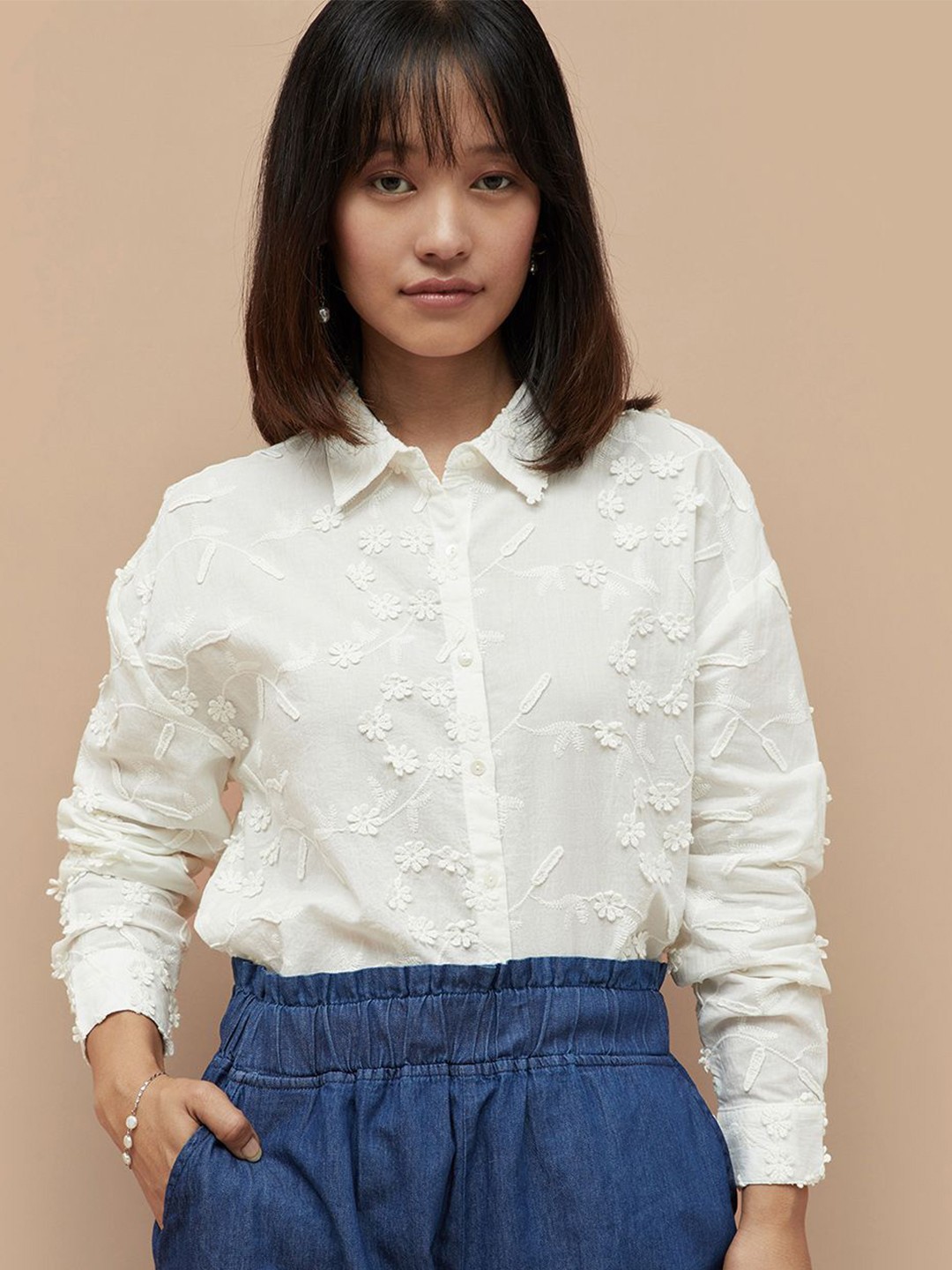 

Colour Me by Melange Women Cutaway Collar Floral Printed Cotton Casual Shirt, White
