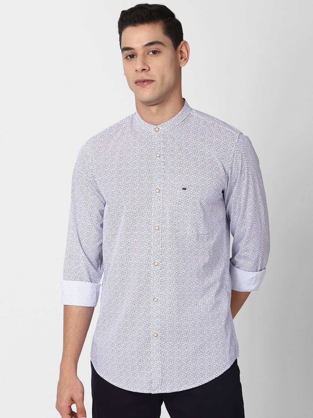 

Peter England Casuals Men Band Collar Micro Ditsy Printed Cotton Slim Fit Casual Shirt, Blue