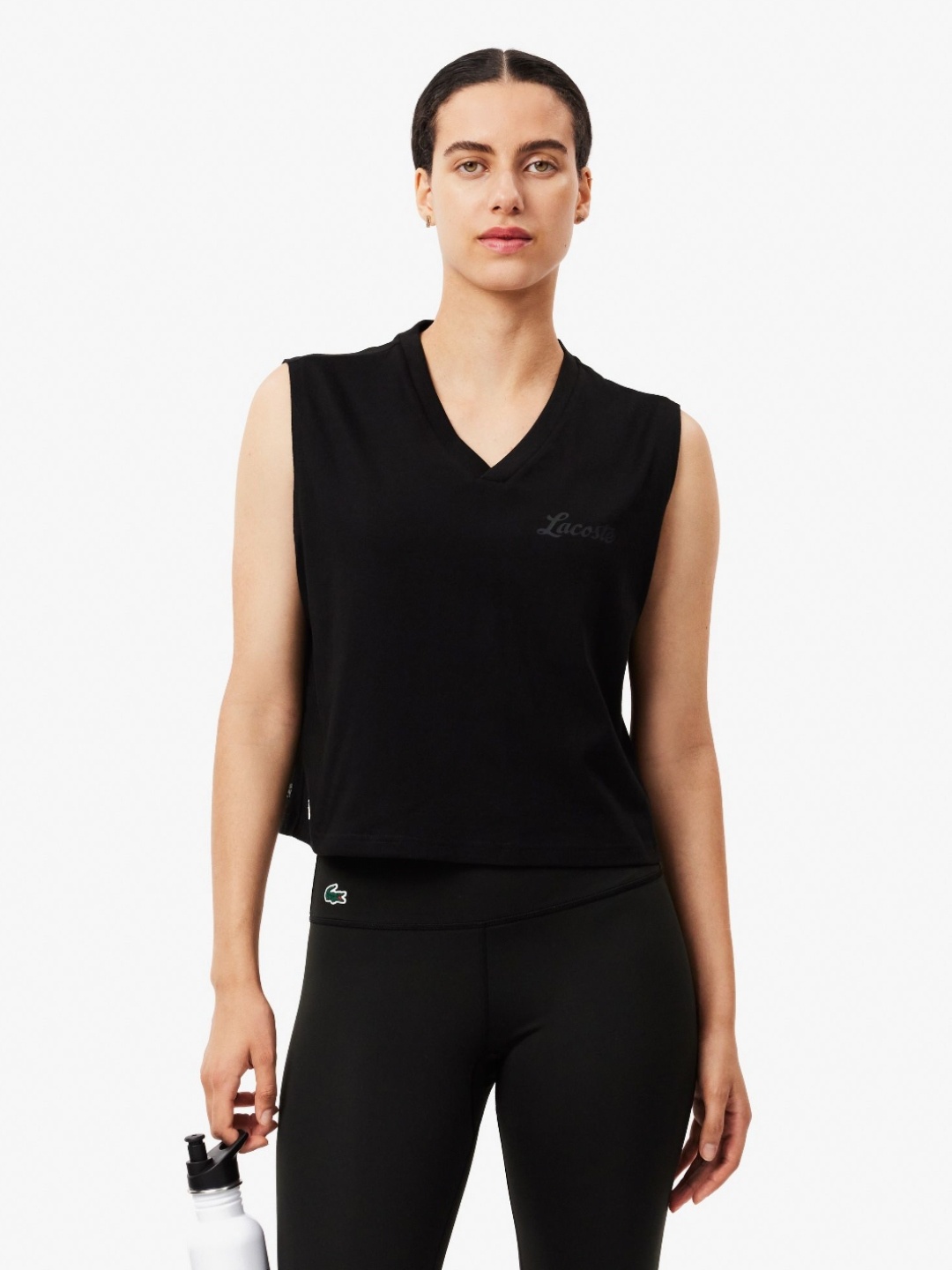 

Lacoste Women Solid V-Neck Cotton Relaxed Fit T-Shirt, Black