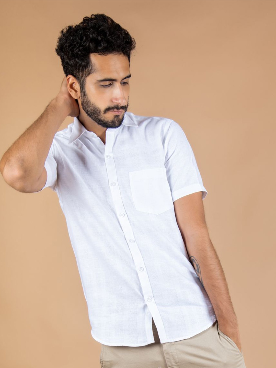 

Tistabene Men Standard Spread Collar Solid Cotton Casual Shirt, White