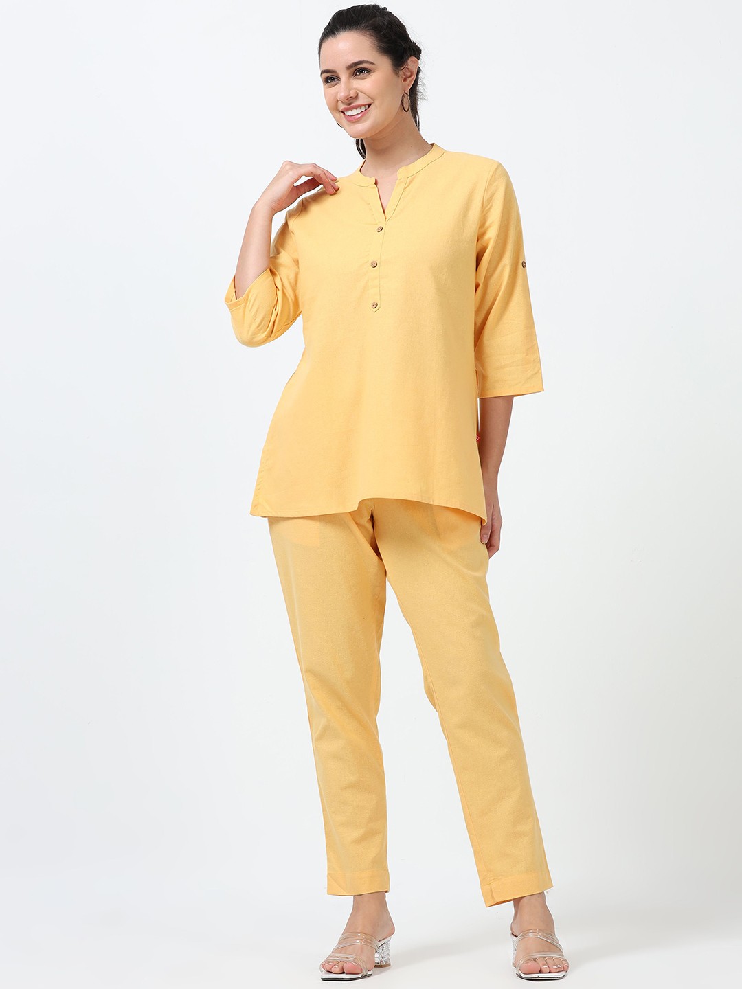 

Marcia Mandarin Collar Pure Cotton Tunic With Trousers, Yellow