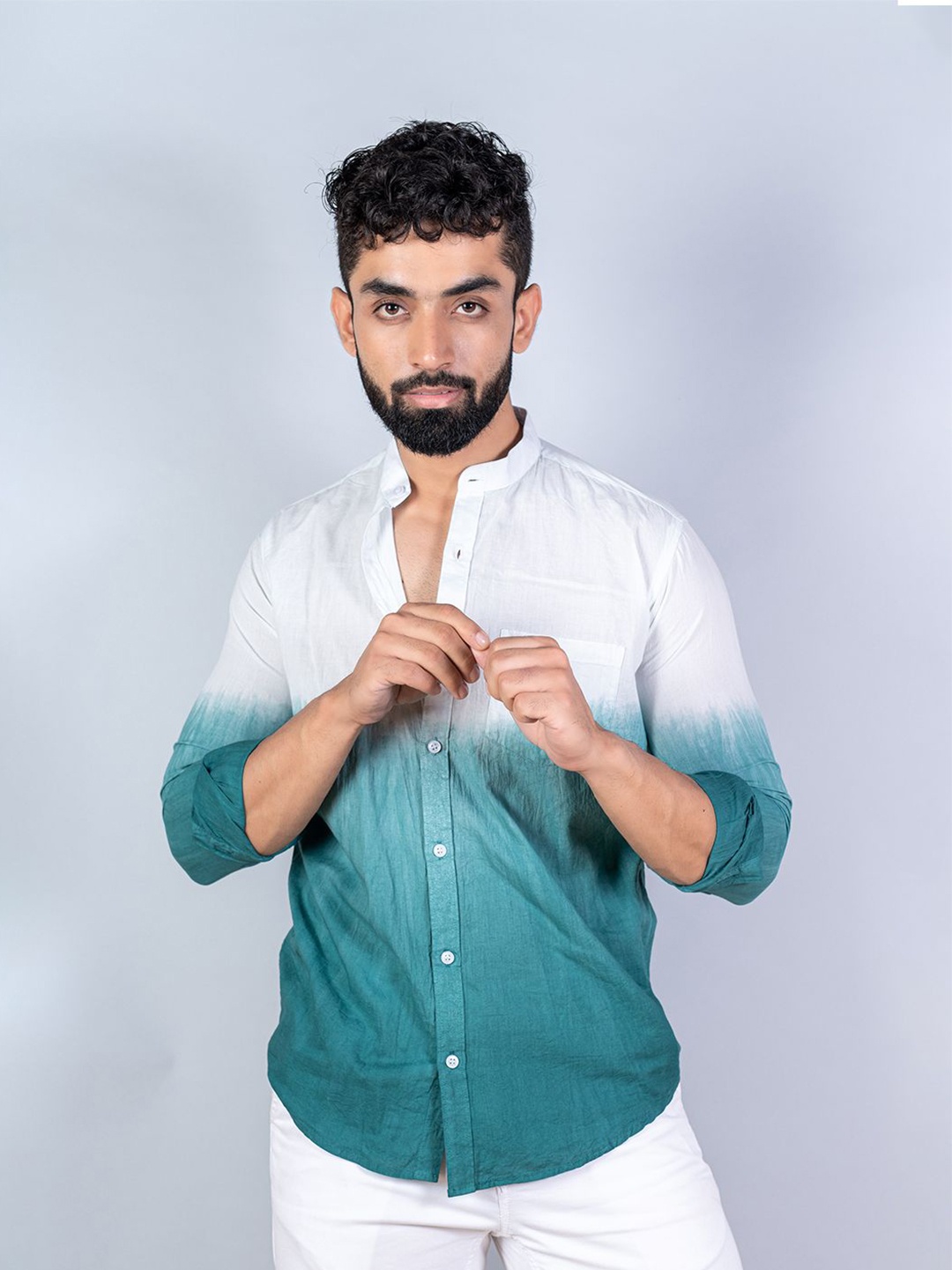 

Tistabene Men Standard Band Collar Ombre Dyed Cotton Casual Shirt, Green