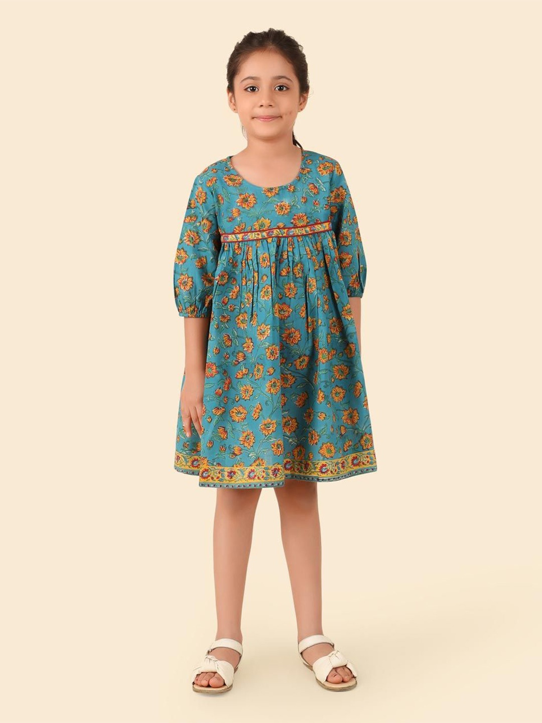 

Fabindia Girls Floral Print Puff Sleeve A-Line Dress, Teal