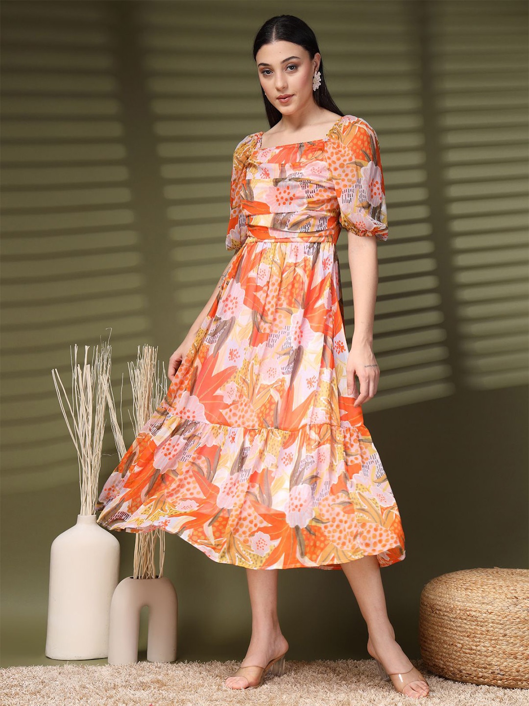 

plusS Floral Printed A-Line Midi Dress, Orange
