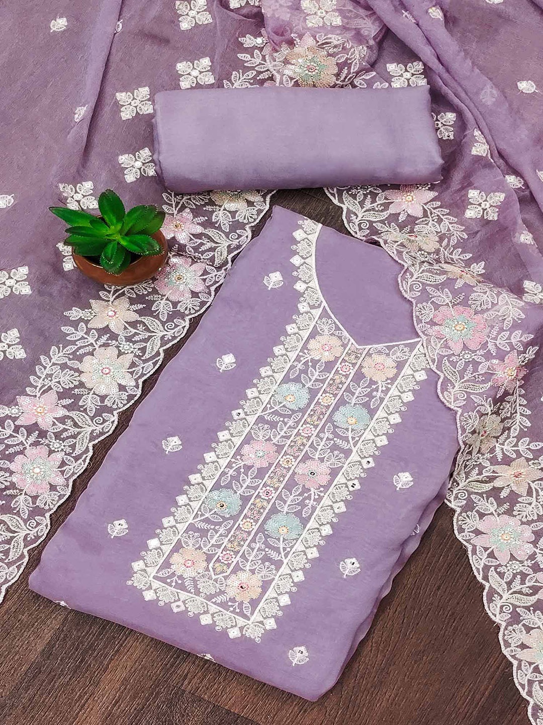 

Peachmode Thread Work Organza Unstitched Dress Material, Purple