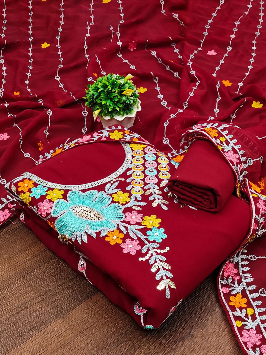 

APNISHA Ethnic Motifs Embroidered Silk Georgette Unstitched Dress Material, Maroon