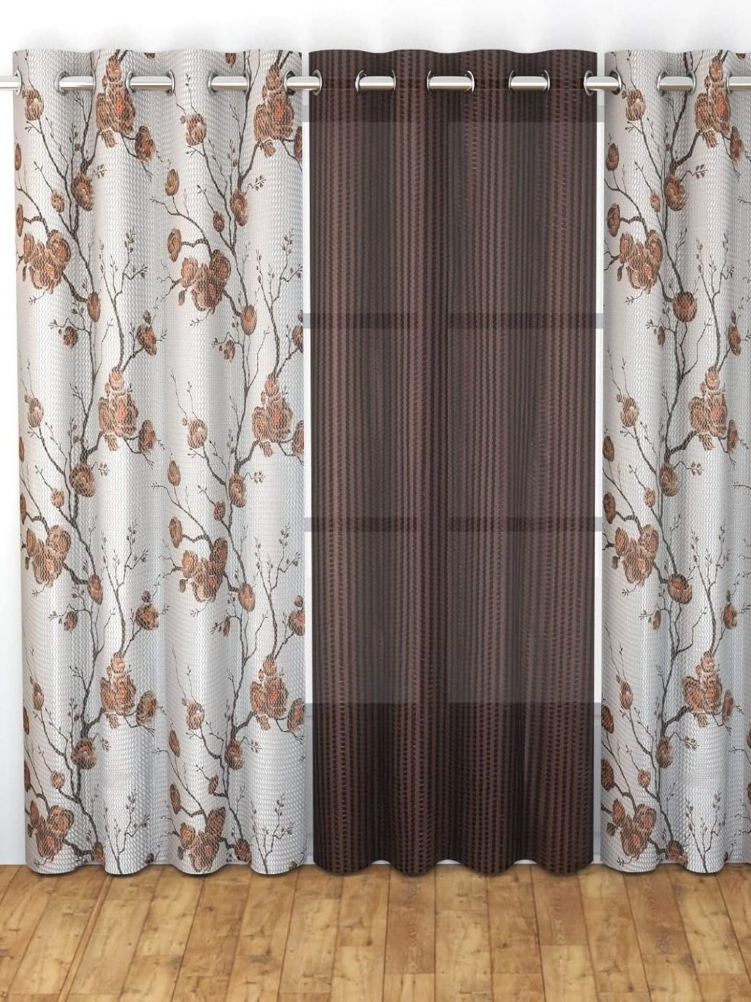 

JBG Home Store Brown 3 Pcs Floral Sheer Window Curtain