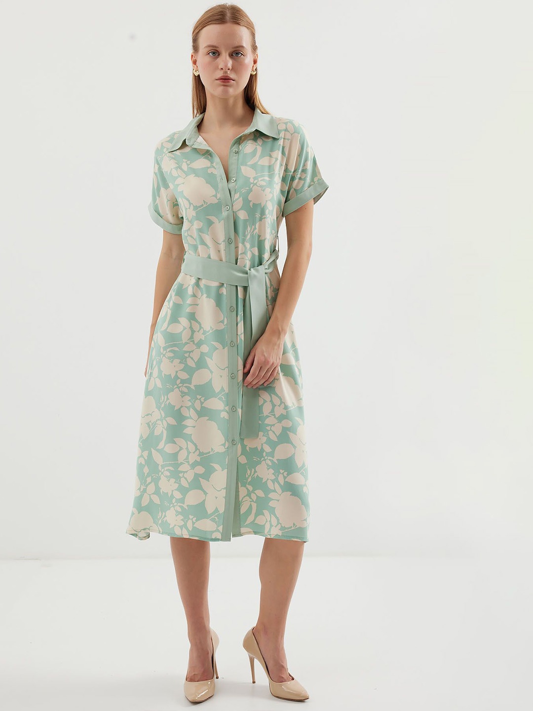 

BIGDART Belted Midi Floral Shirt Dress, Blue