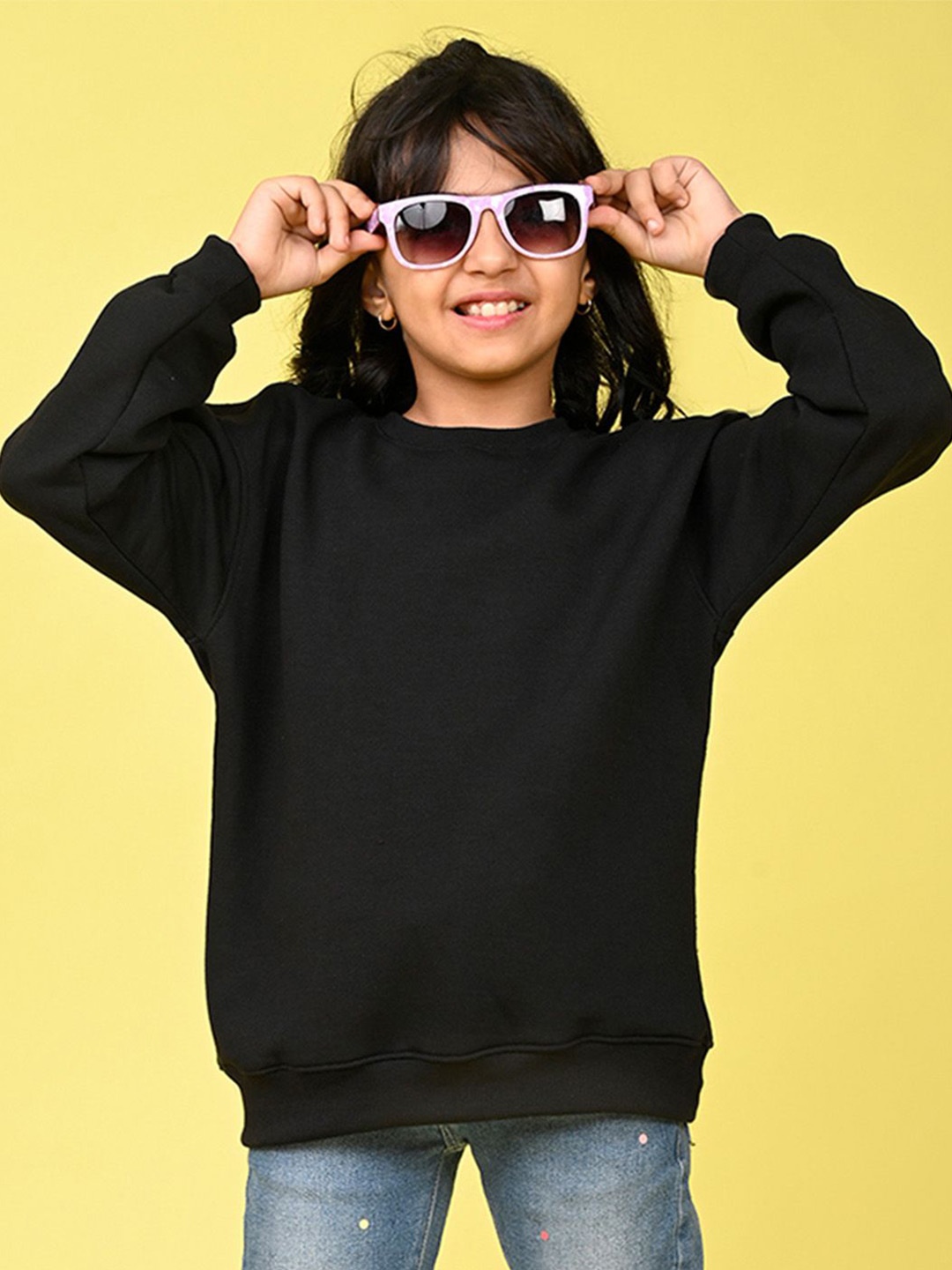 

NUSYL Girls Solid Round Neck Oversized Sweatshirt, Black