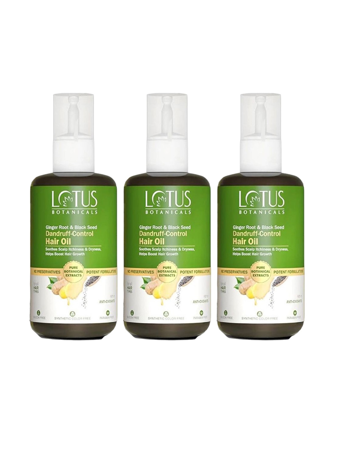 

Lotus Botanicals Set Of 3 Dandruff-Control Hair Oil Ginger Root & Black Seed- 100ml Each, Green