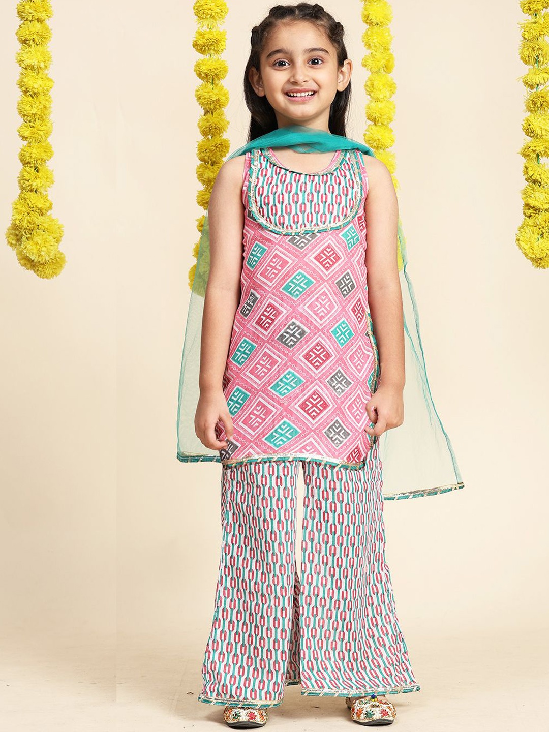 

Cutiekins Girls Geometric Printed Empire Gotta Patti A-Line Kurta With Palazzos & Dupatta, Coral