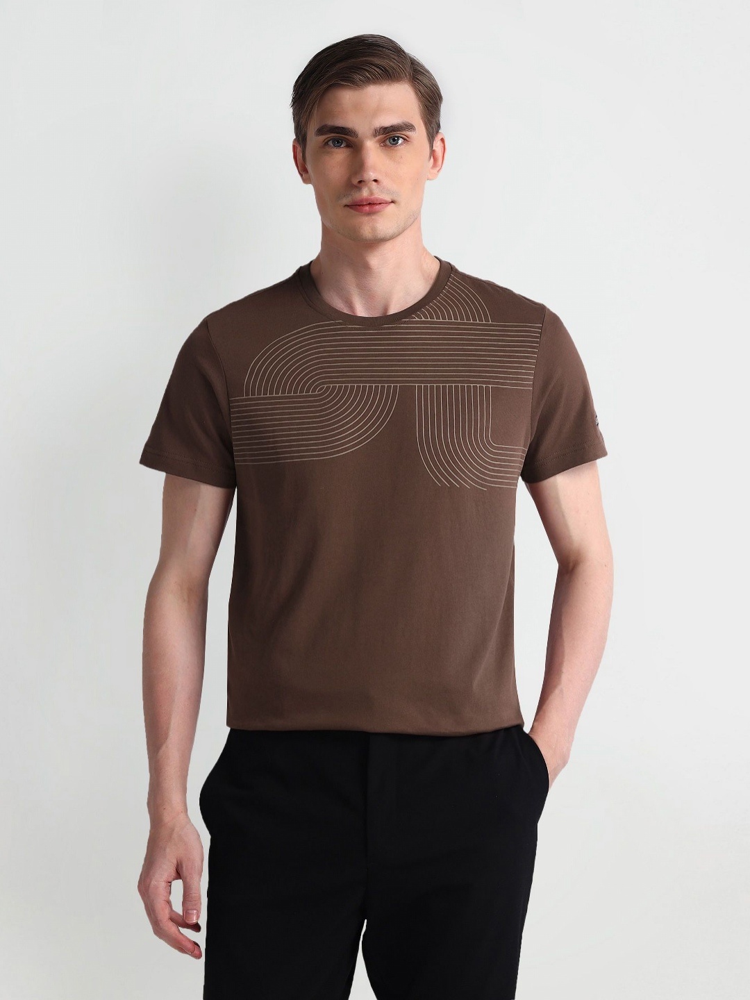 

Arrow Sport Men Abstract Printed Round Neck Cotton T-Shirt, Brown