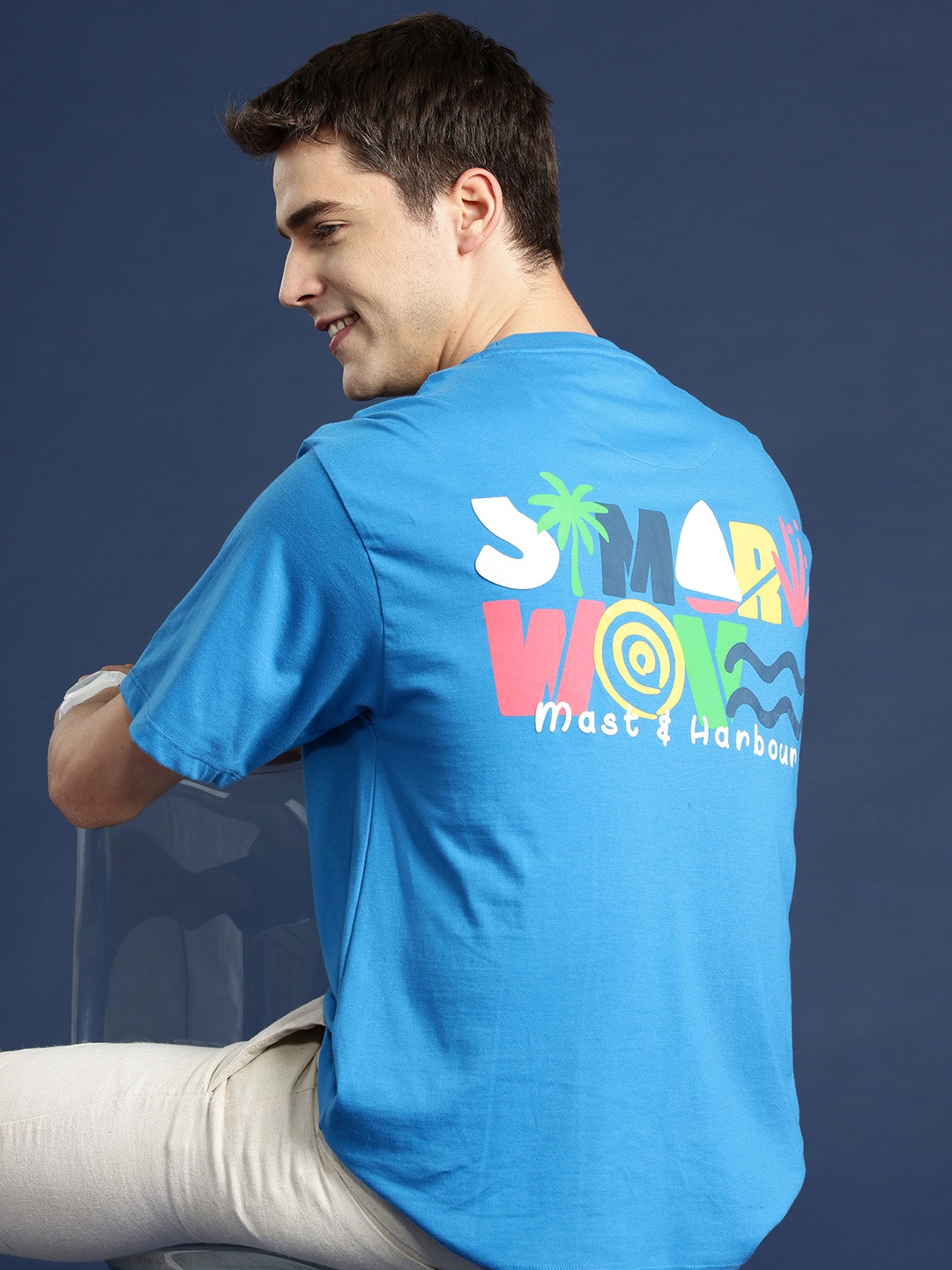 

Mast & Harbour Printed Drop-Shoulder Sleeves Relaxed T-shirt, Blue