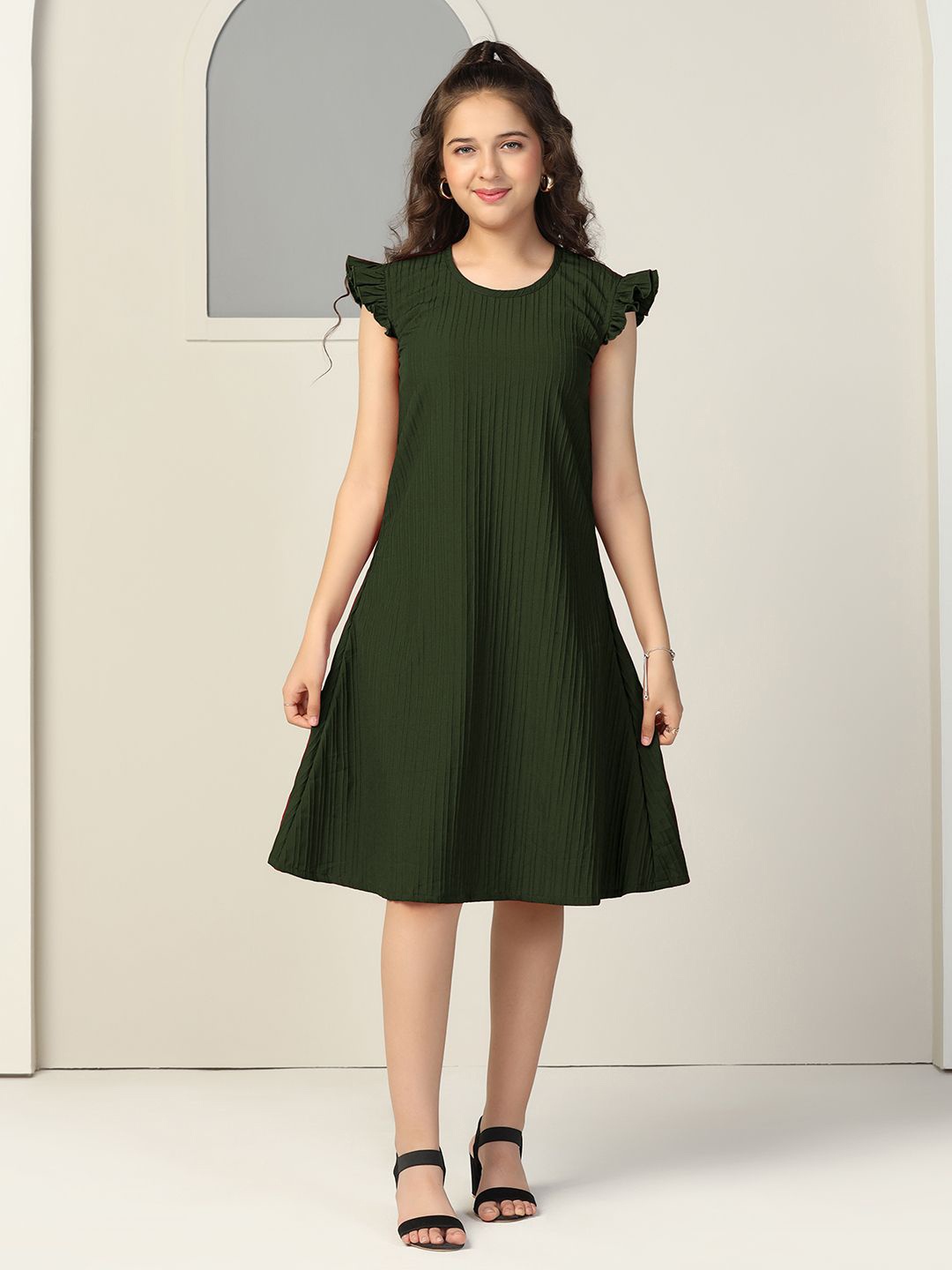 

OMPAX Women Solid Flutter Sleeve A-Line Dress, Olive