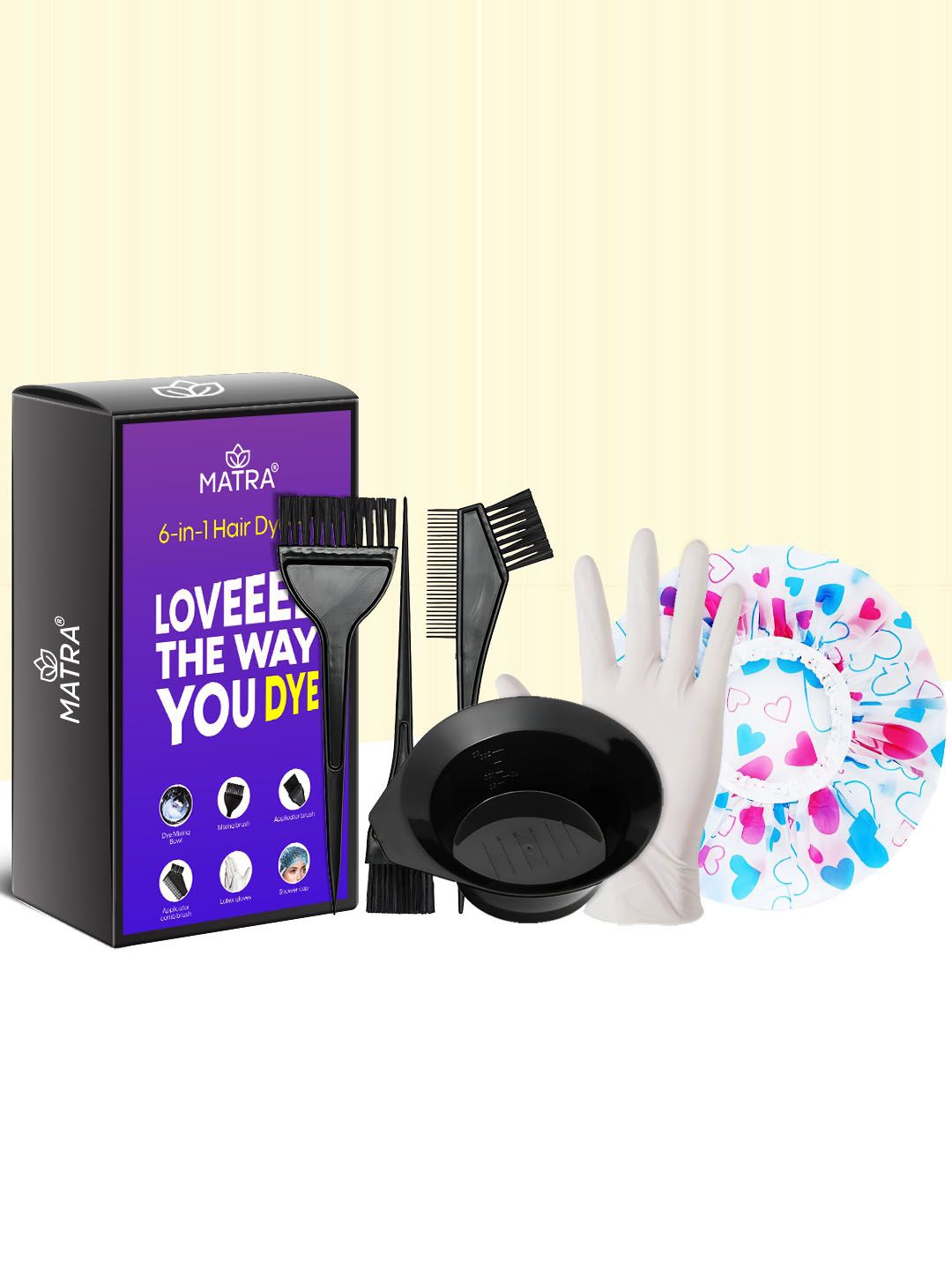 

MATRA Hair Colouring Kit of Mixing Bowl, Dye Brush, Applicator Comb, Gloves & Shower Cap, Black