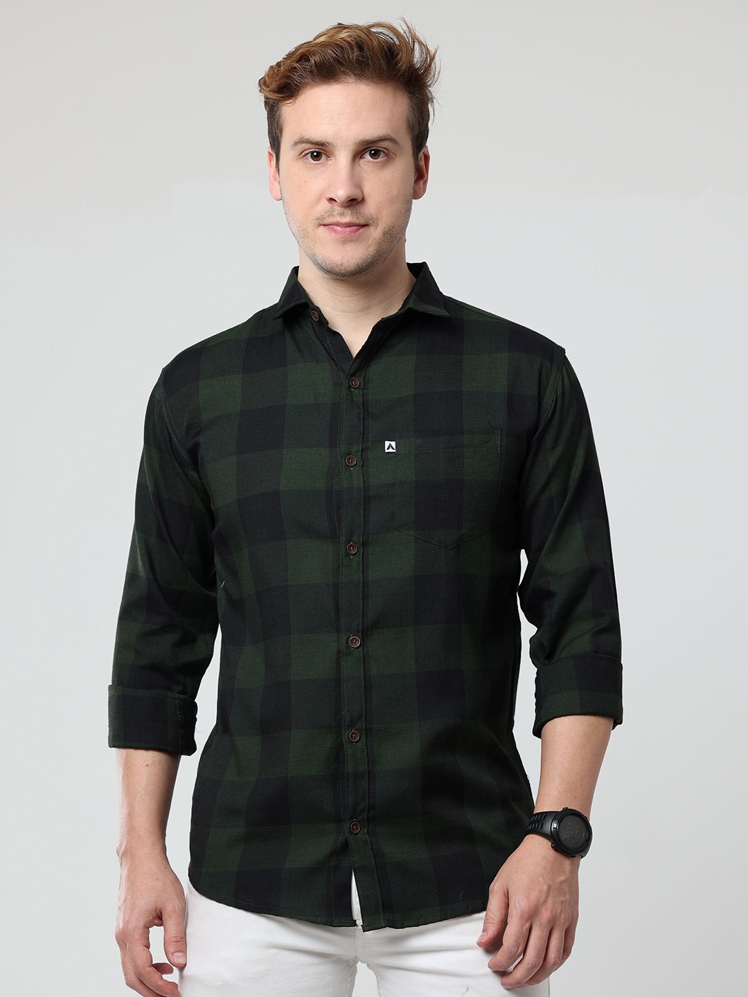 

ALLWIN PAUL Men Comfort Cutaway Collar Buffalo Checked Cotton Casual Shirt, Green