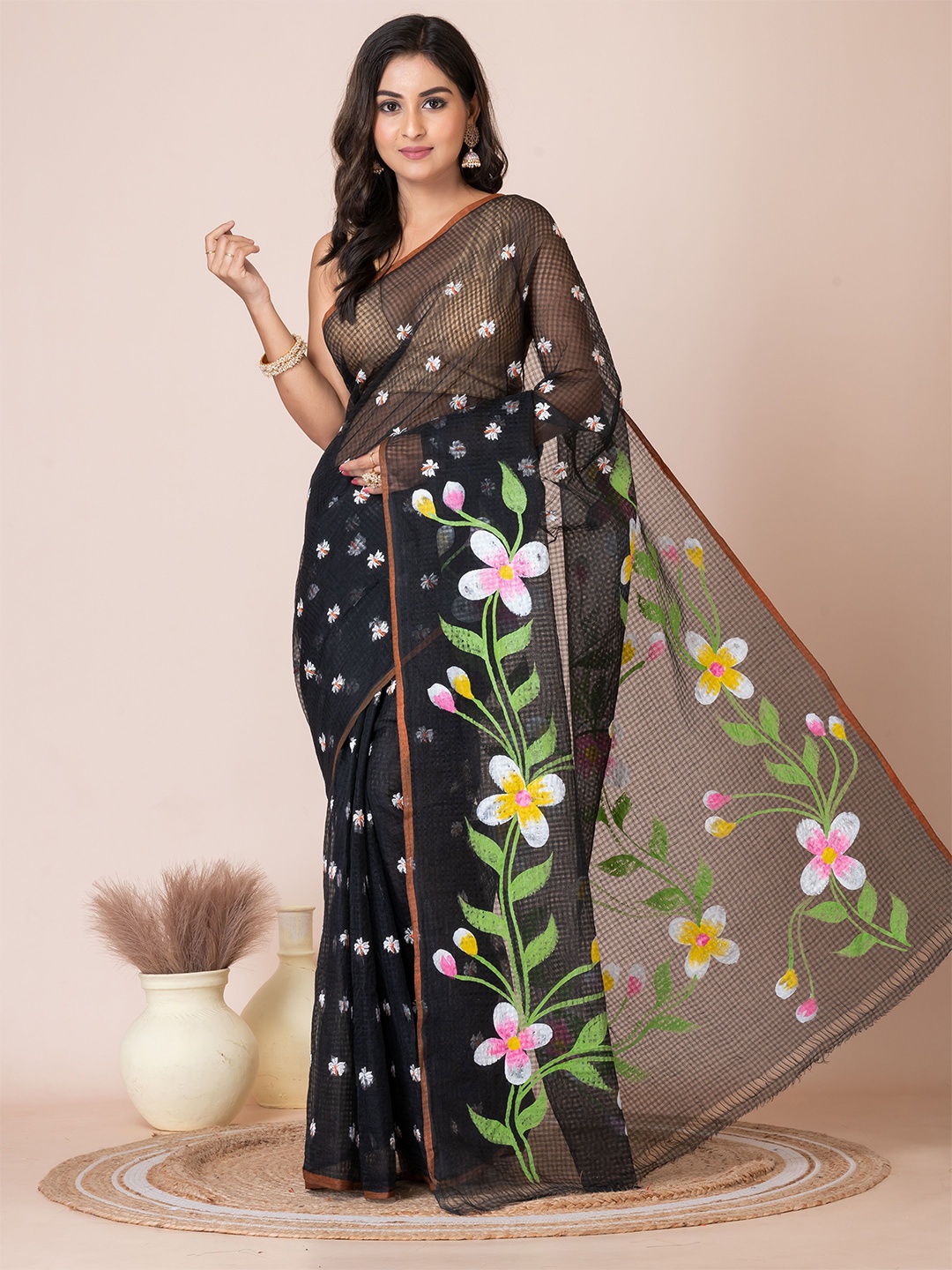 

Laa Calcutta Floral Pure Cotton Kota Saree, Black