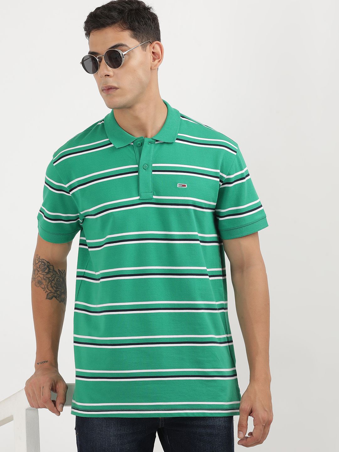 

Tommy Hilfiger Men Striped Polo Collar Pockets T-shirt, Green