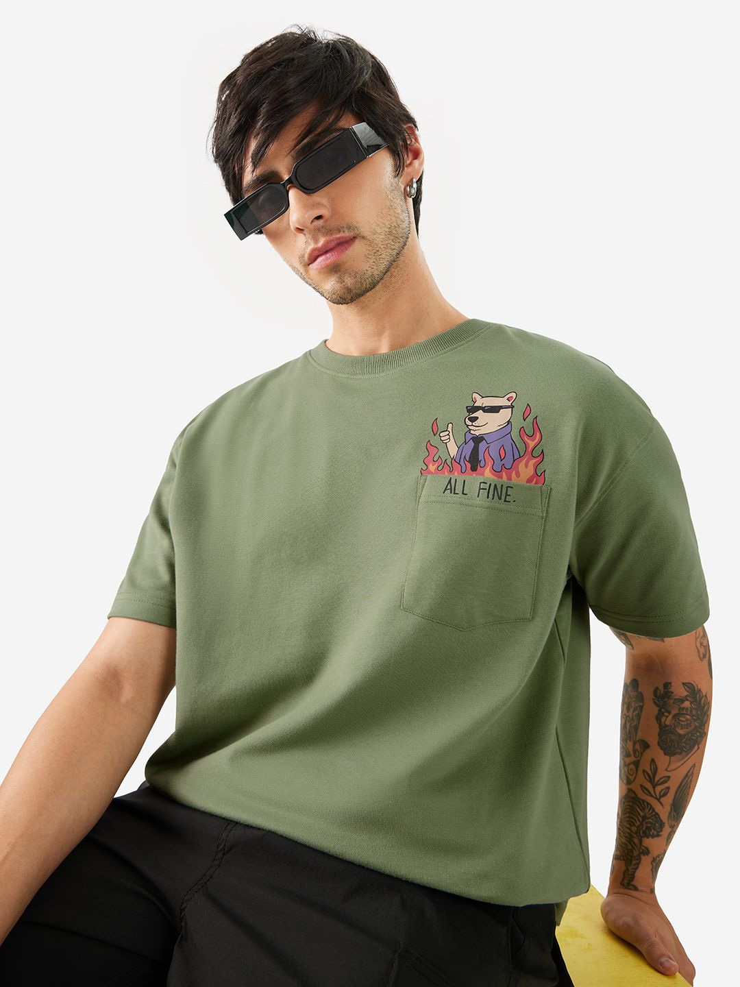 

The Souled Store Men Graphic Printed Round Neck Cotton Oversized T-Shirt, Green
