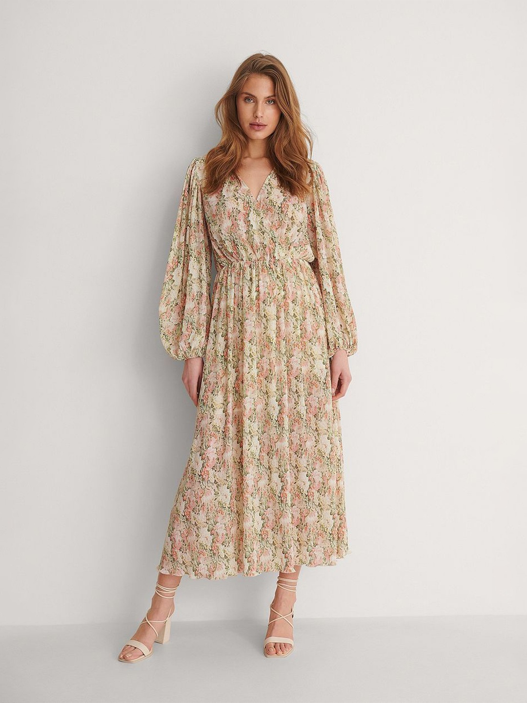 

TIRA Floral Print Puff Sleeve Chiffon Fit & Flare Maxi Dress, Yellow