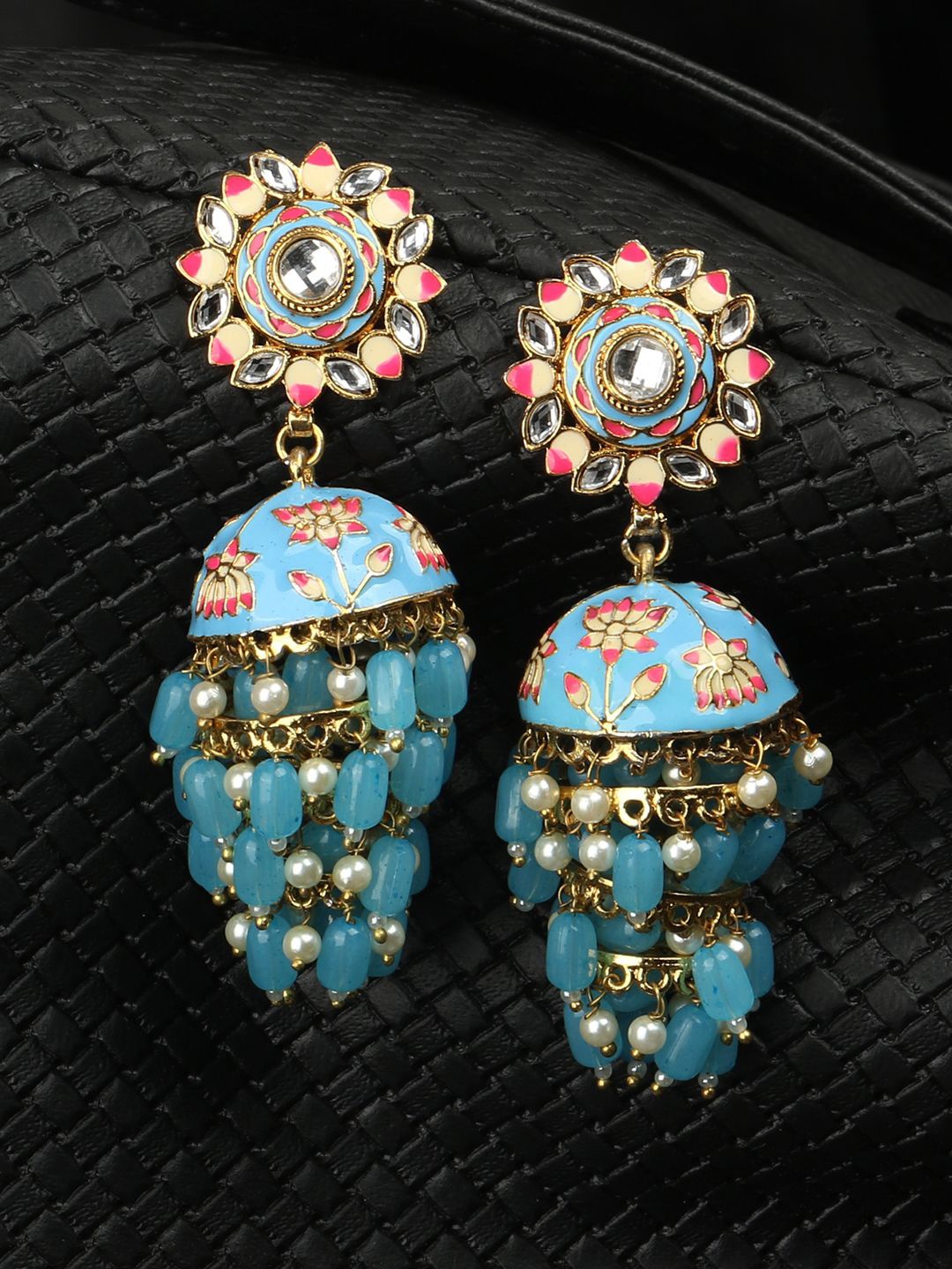 

Anouk Turquoise Blue Gold Plated Stones and Beads Dome Shaped Meenakari Jhumkas