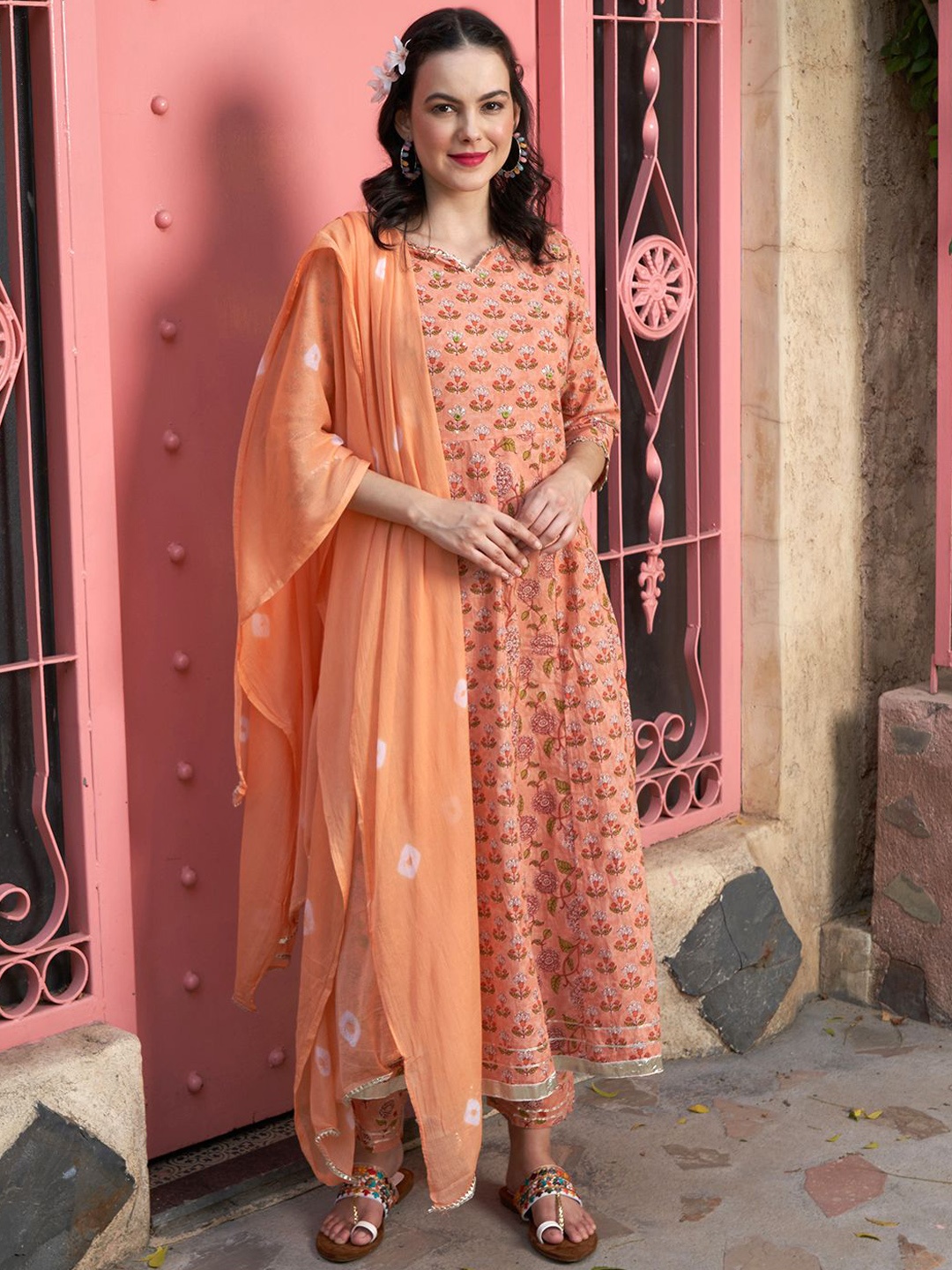 

BANDIA Floral Printed Panelled Mirror Work Pure Cotton Anarkali Kurta & Trousers & Dupatta, Orange