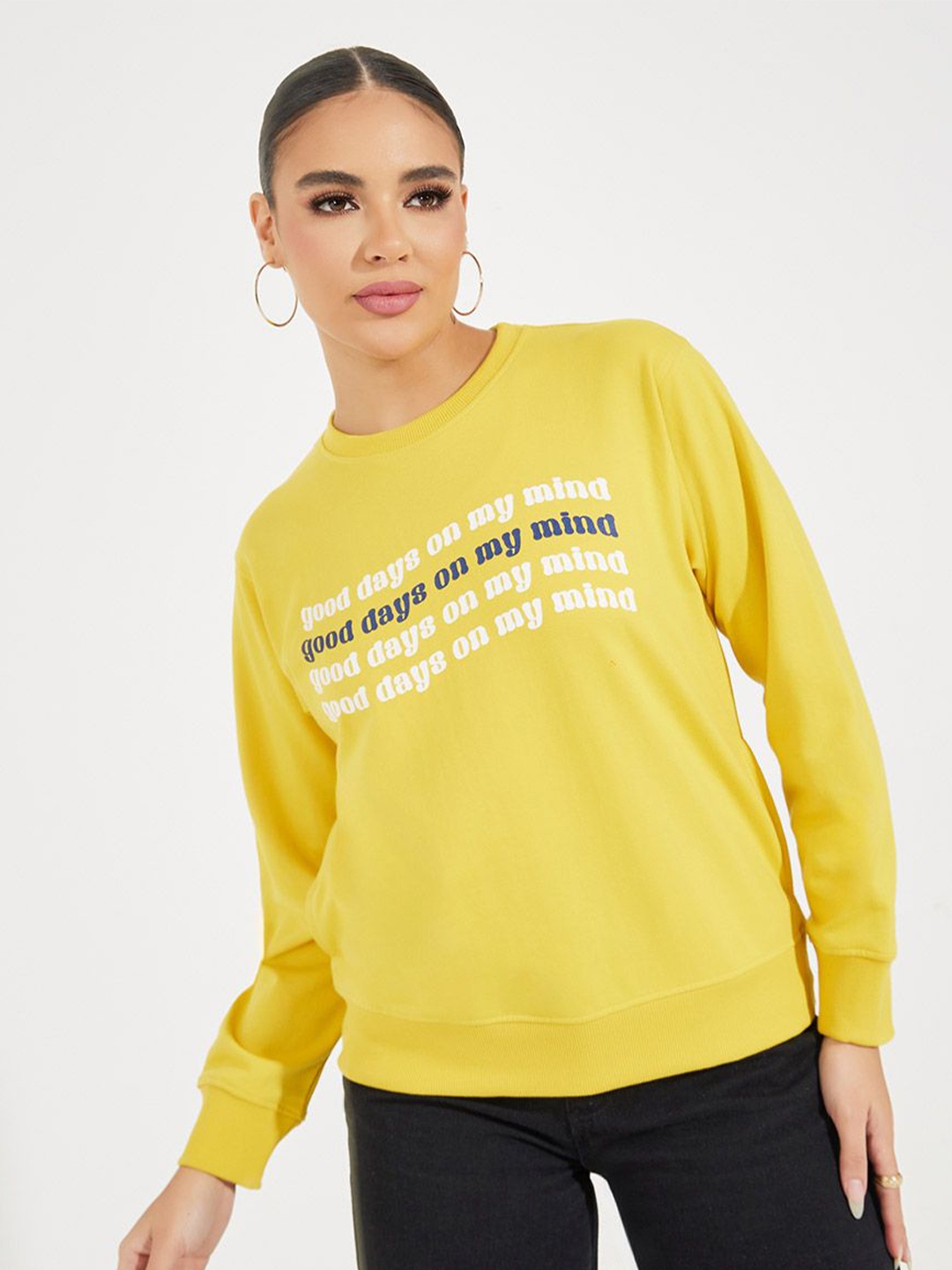 

Styli Women Graphic Printed Sweatshirt, Yellow