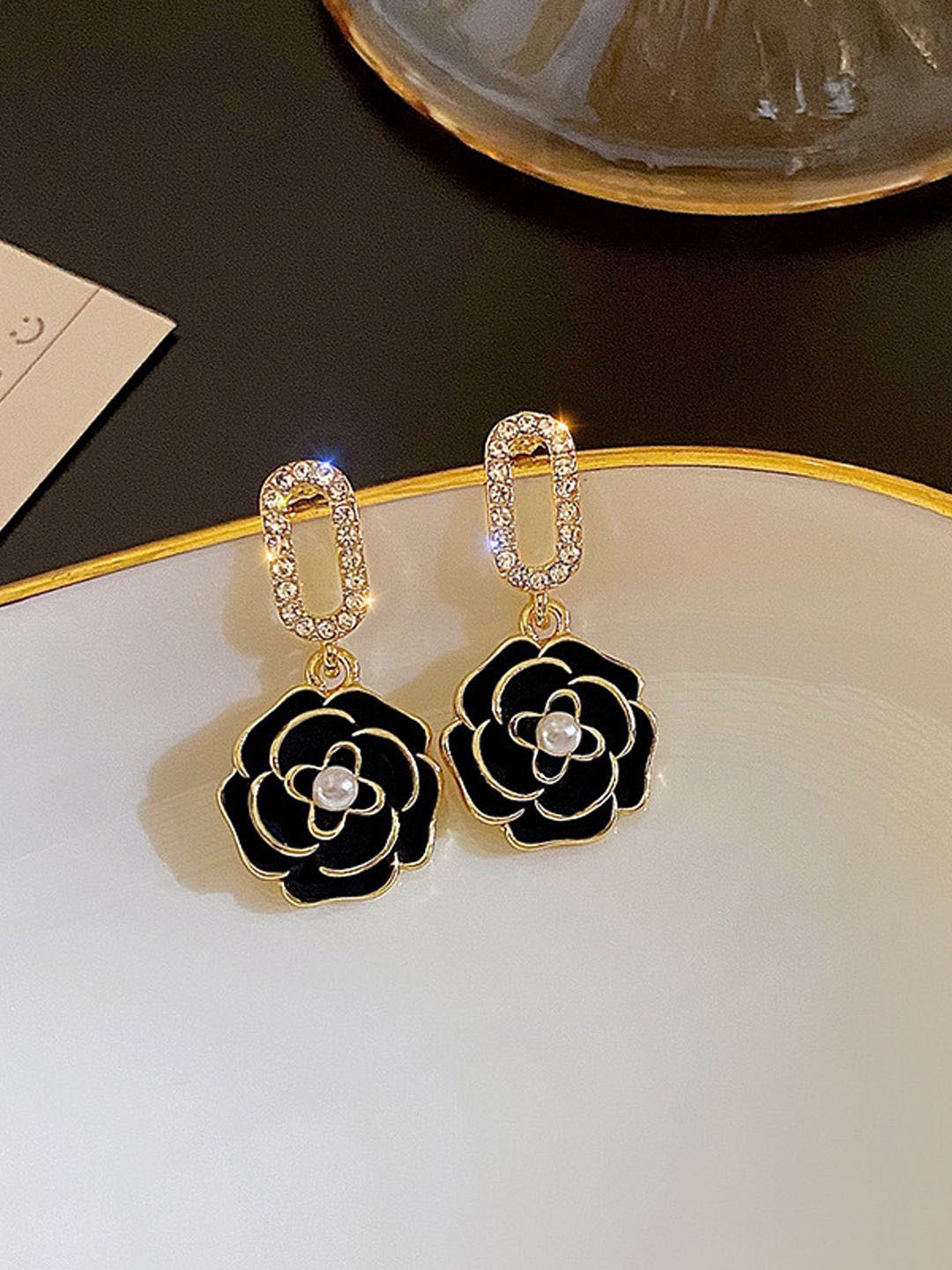 

FIMBUL Gold-Plated Artificial Stones Studded Floral Drop Earrings, Black