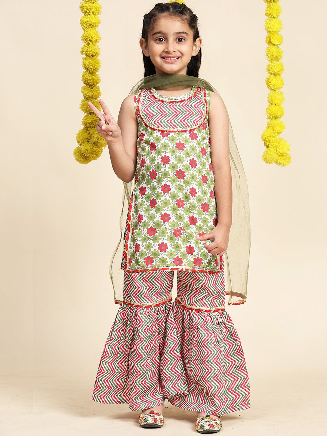 

Cutiekins Girls Floral Printed A-Line Kurta With Sharara & Dupatta, Red