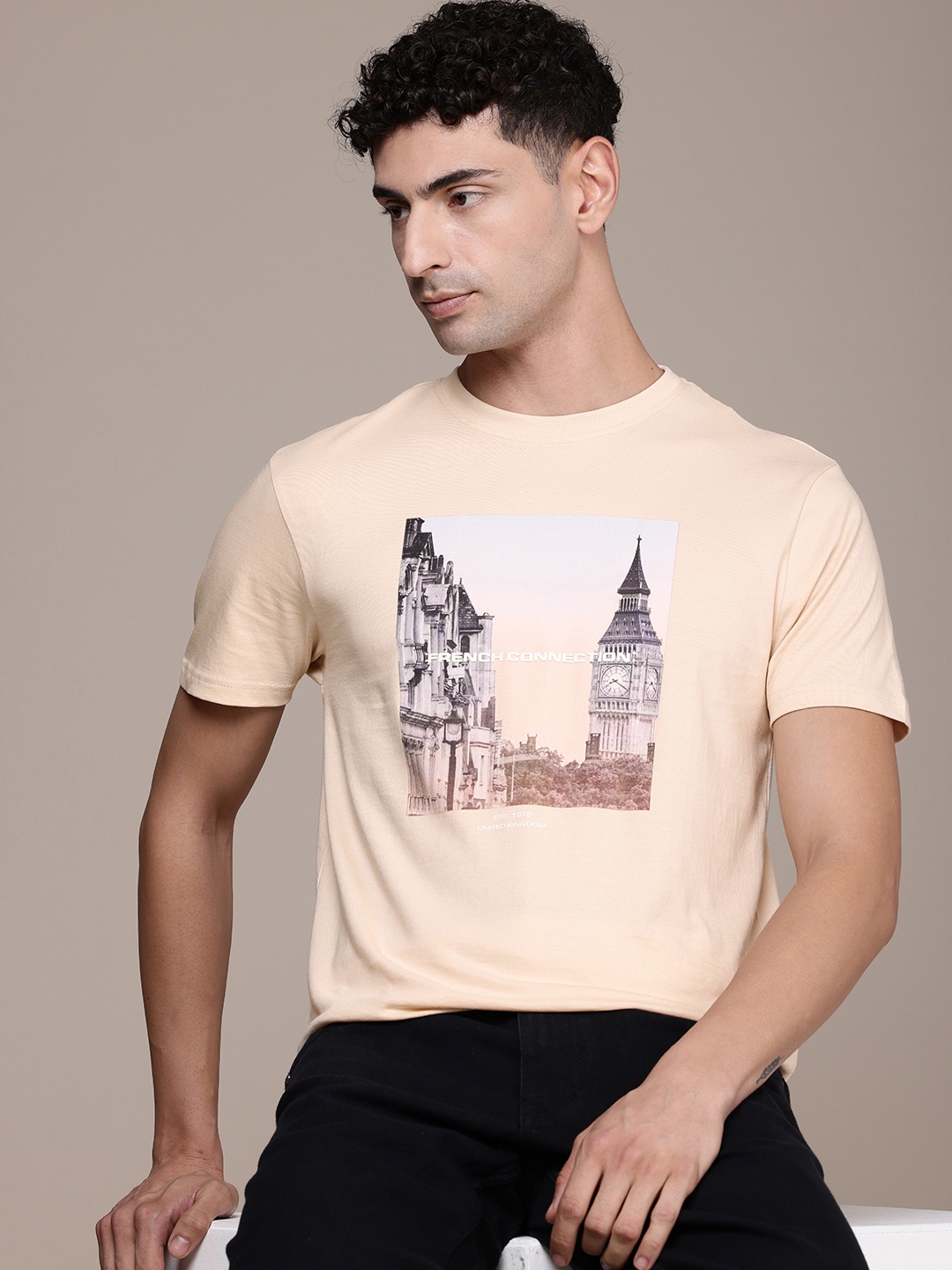 

French Connection Printed Pure Cotton T-shirt, Beige