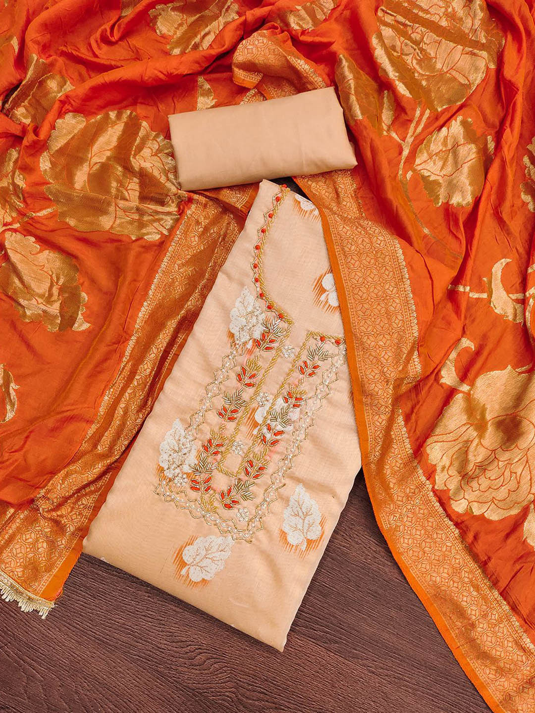 

Lilots Floral Woven Design Beads & Design Unstitched Dress Material, Orange