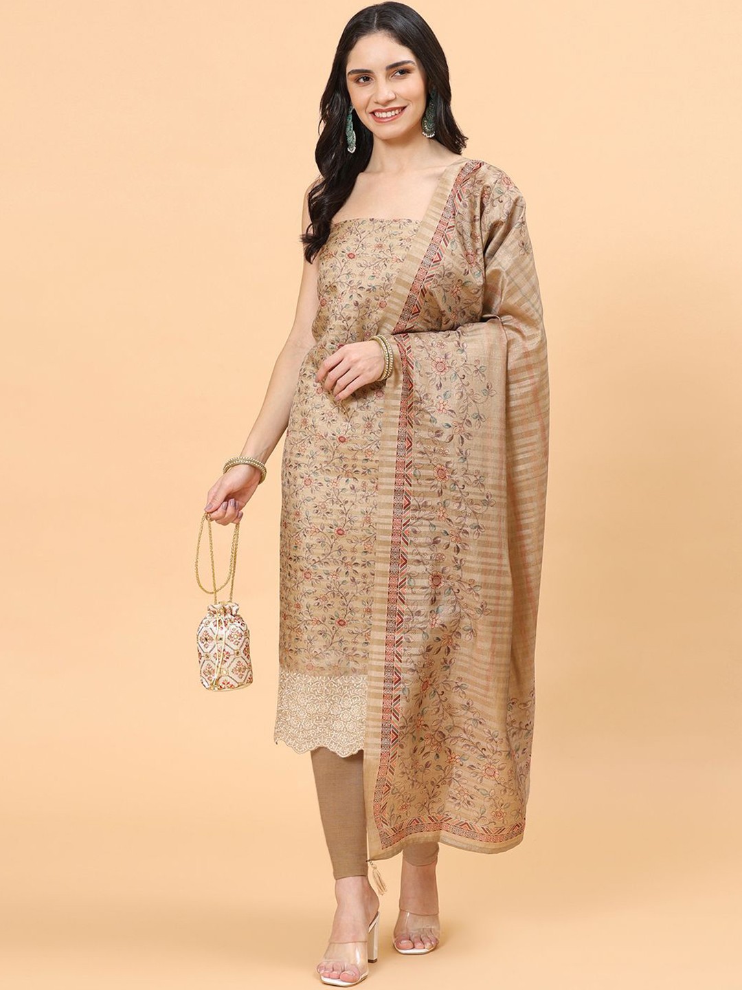 

Meena Bazaar Floral Printed Unstitched Dress Material, Beige