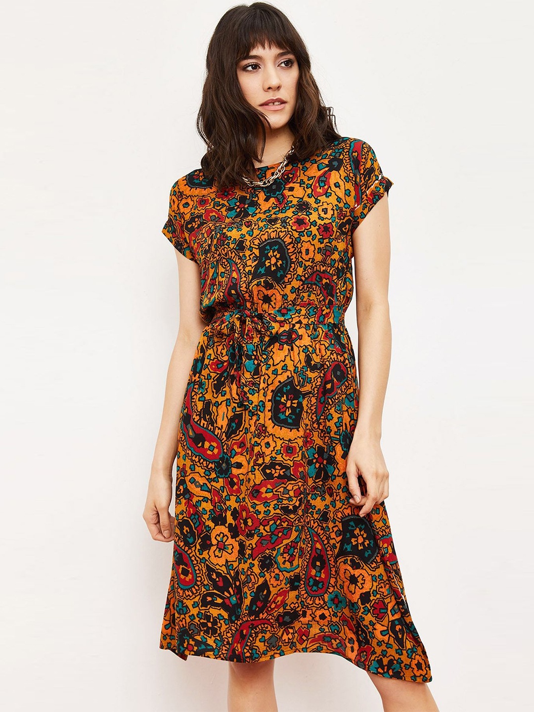 

BIANCO LUCCI Printed Fit & Flare Dress, Mustard